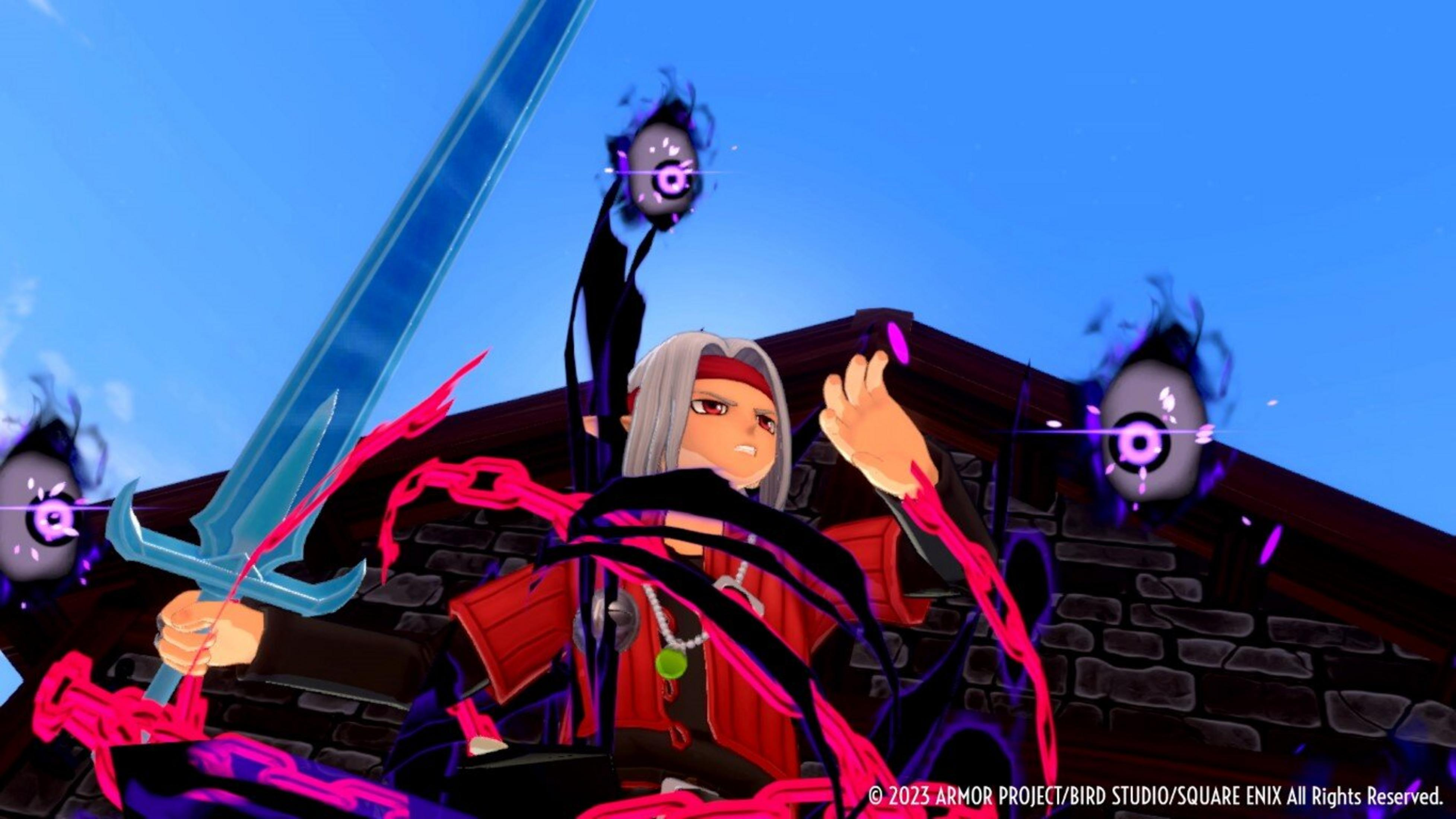 Postać trzyma miecz. Ciemne, przypominające oczy stworzenia unoszą się. Postać nosi czerwono-białe ubrania. Tło niebieskiego nieba.