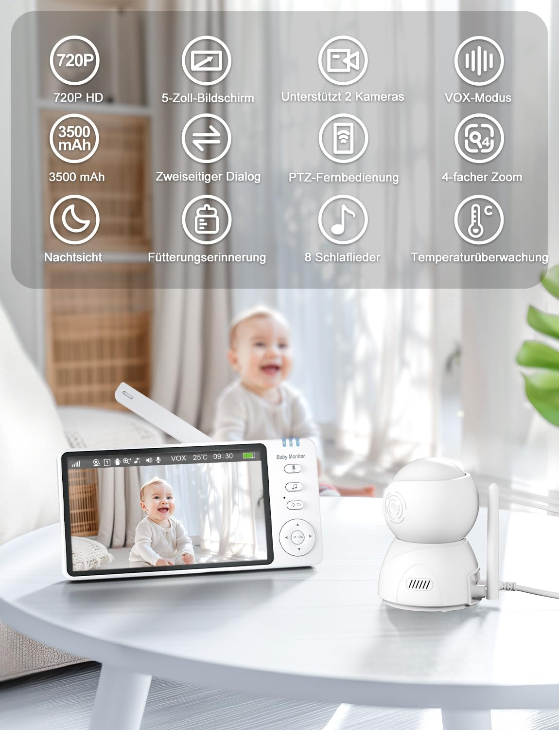 Ein Babyphone zeigt ein Baby auf dem Bildschirm. Eine weiße Kamera und ein Bildschirm stehen auf einem Tisch. Symbole umgeben das Bild.