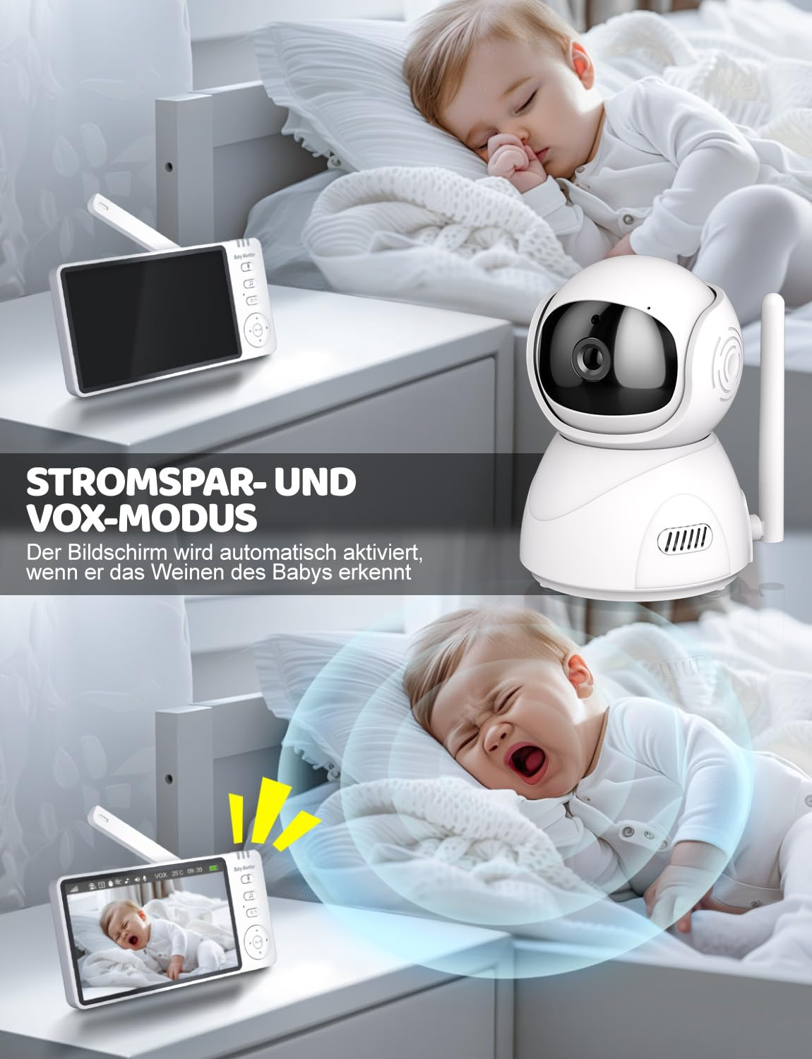 Ein Babyphone zeigt zwei Babys, eines schlafend, eines weinend. Monitor und Kamera sind weiß. Deutscher Text erklärt die Funktionen.