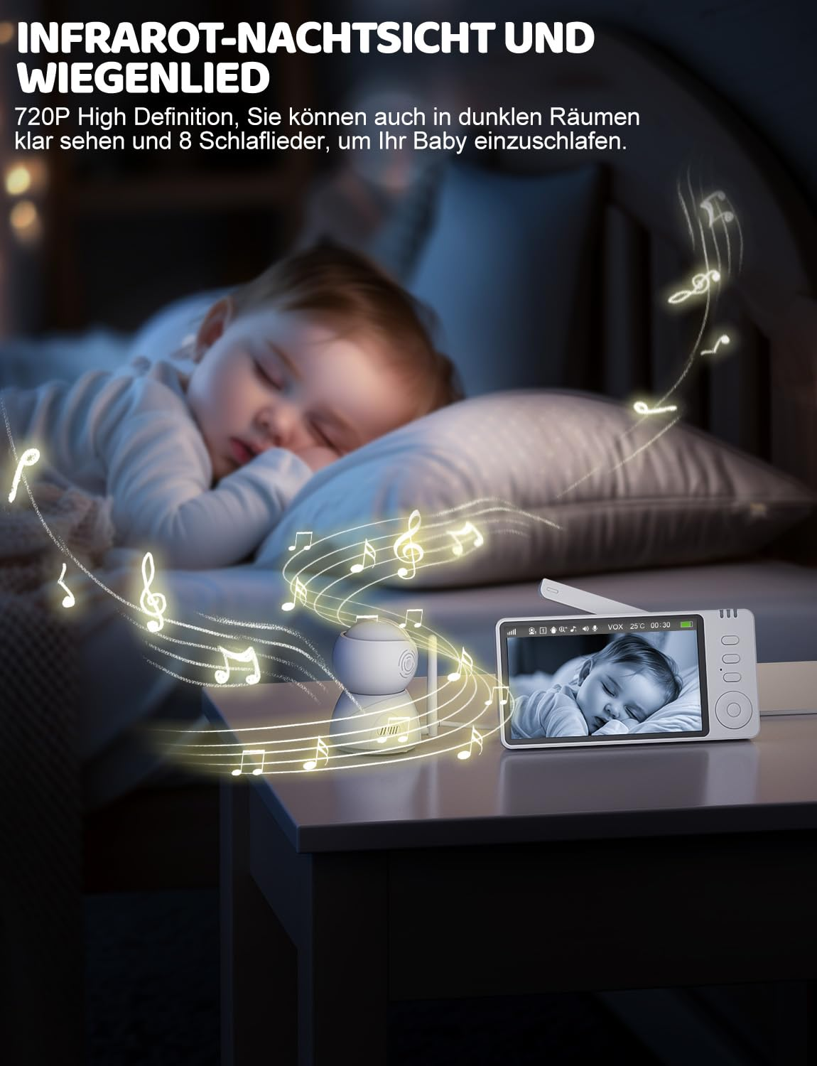 Ein Baby schläft auf einem Bett. Ein Monitor zeigt das Baby. Noten schweben um die Kamera und den Monitor.