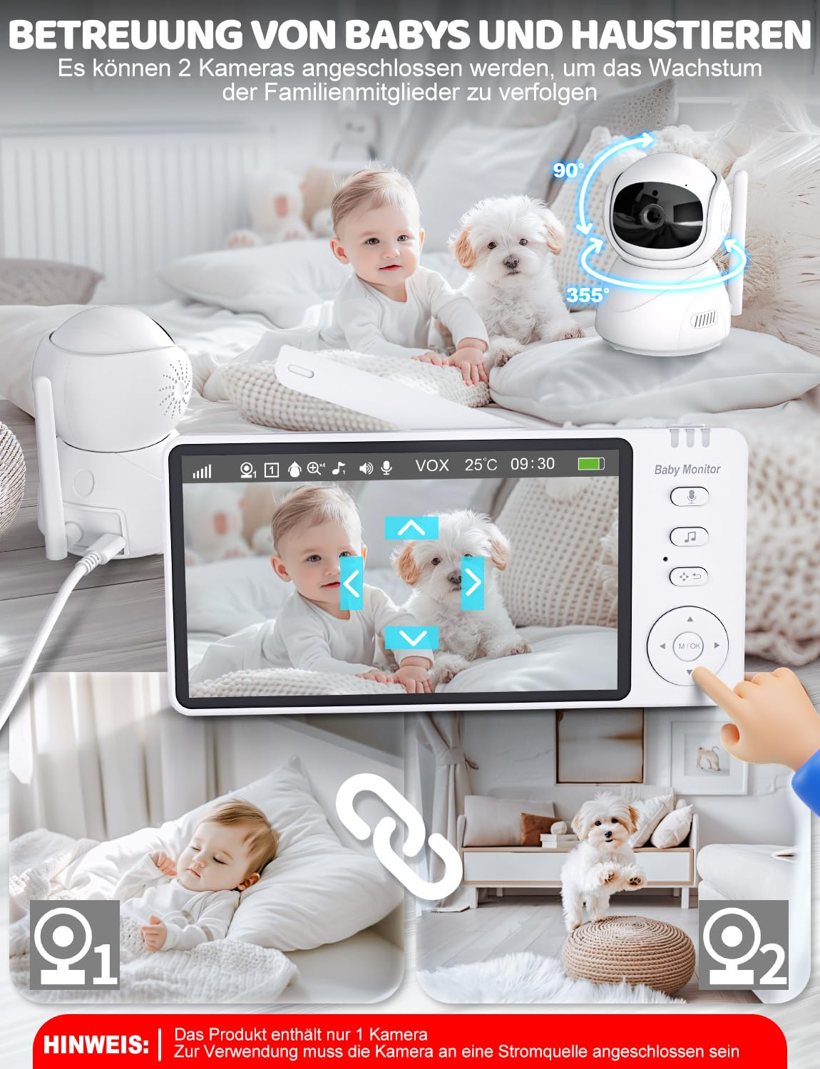 Ein Baby und ein Hund auf einem Bett. Ein Babyphone zeigt Baby und Hund von Kameras an. Das Setup dient zur Baby- und Haustierüberwachung.