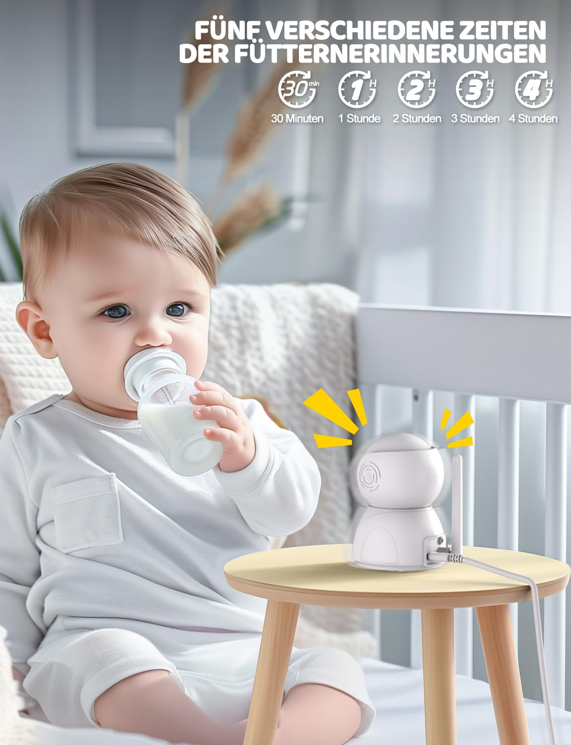Ein Baby trinkt aus einer Flasche. Ein weißes Gerät steht auf einem kleinen Tisch. Zeiterinnerungen für die Fütterung werden oben angezeigt.