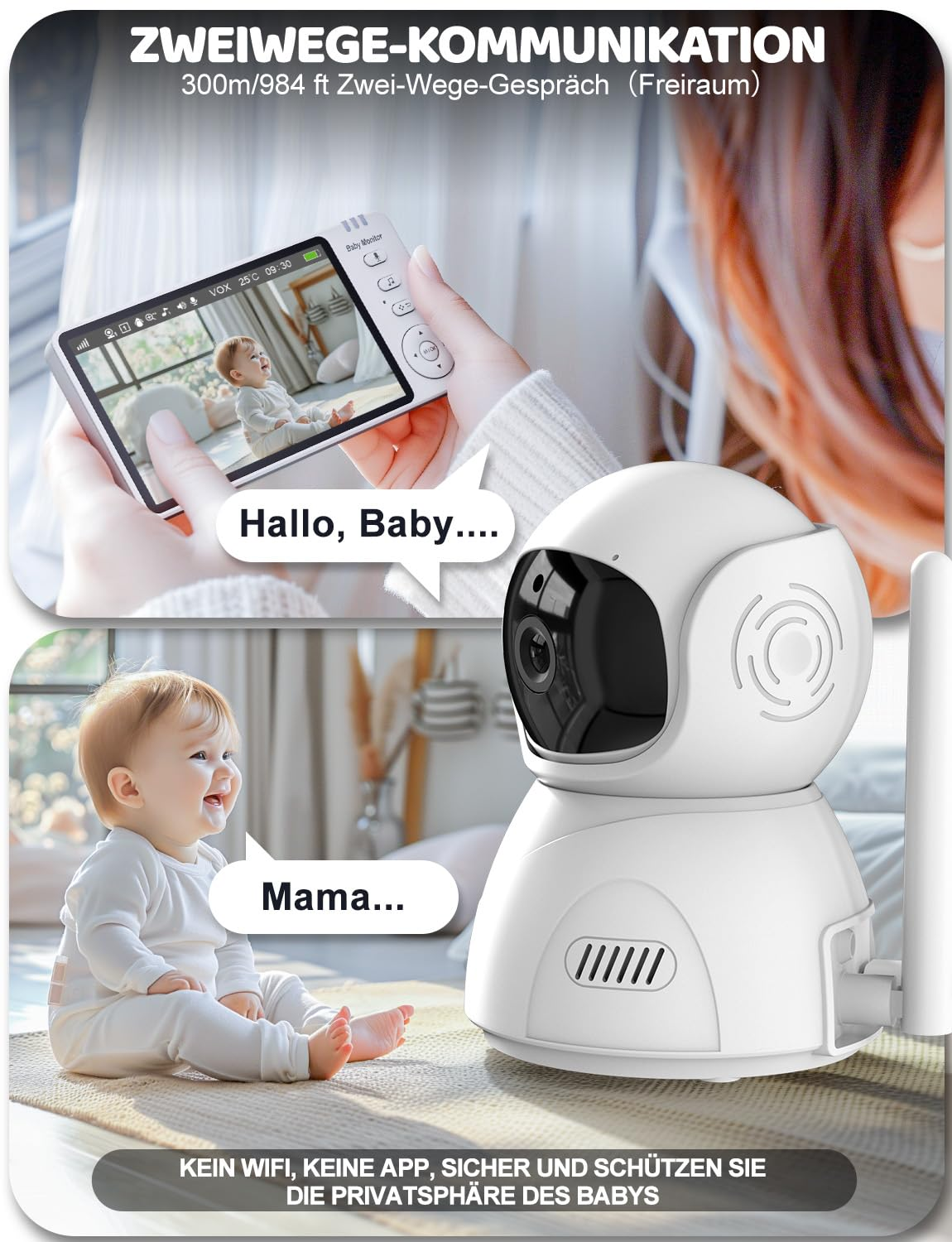 Ein Babyphone zeigt ein Baby auf einem Bildschirm, und unten ist ein Baby abgebildet, mit einer Sprechblase mit der Aufschrift 'Mama...'