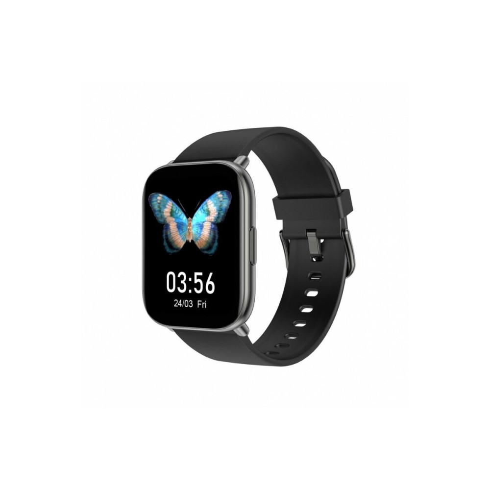 Smartwatch z czarnym paskiem, wyświetlający 03:56 i obraz motyla. Zegarek jest na białym tle.