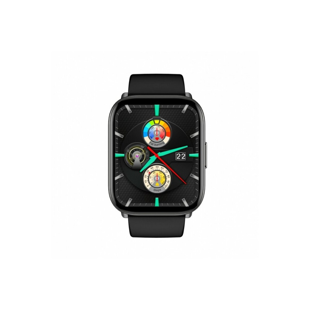 Wyświetlany jest czarny smartwatch. Pokazuje datę jako 22 i ma kilka wskaźników śledzenia aktywności, takich jak spalanie tłuszczu i kroki.
