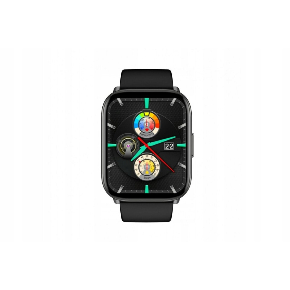 Wyświetlany jest czarny smartwatch. Ekran pokazuje dane śledzenia aktywności, w tym kroki i spalanie tłuszczu. Widoczna jest liczba 22.
