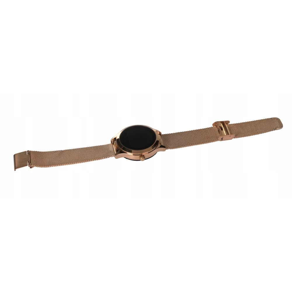 Uno smartwatch oro rosa con schermo nero e cinturino in rete abbinato su sfondo bianco.