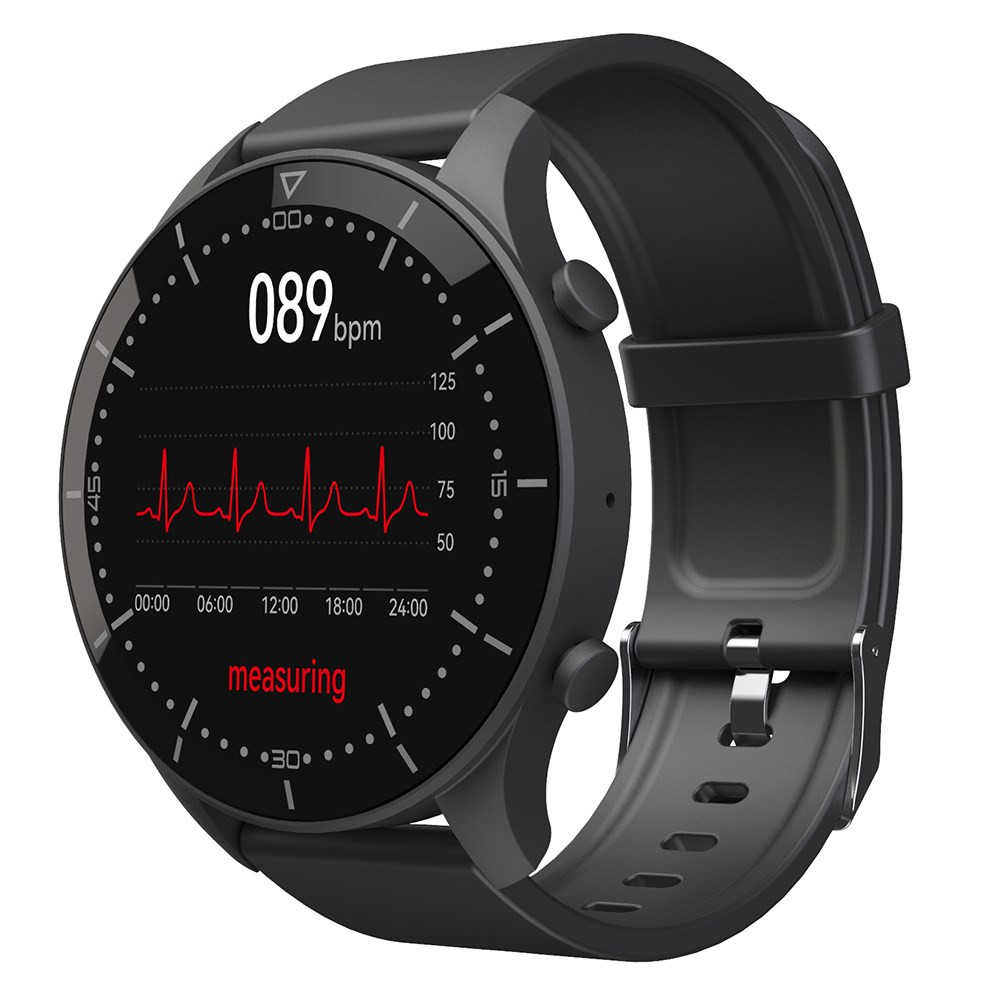 Czarny smartwatch wyświetla tętno 089 bpm i czerwoną linię EKG. Zegarek mierzy, z czarnym paskiem.