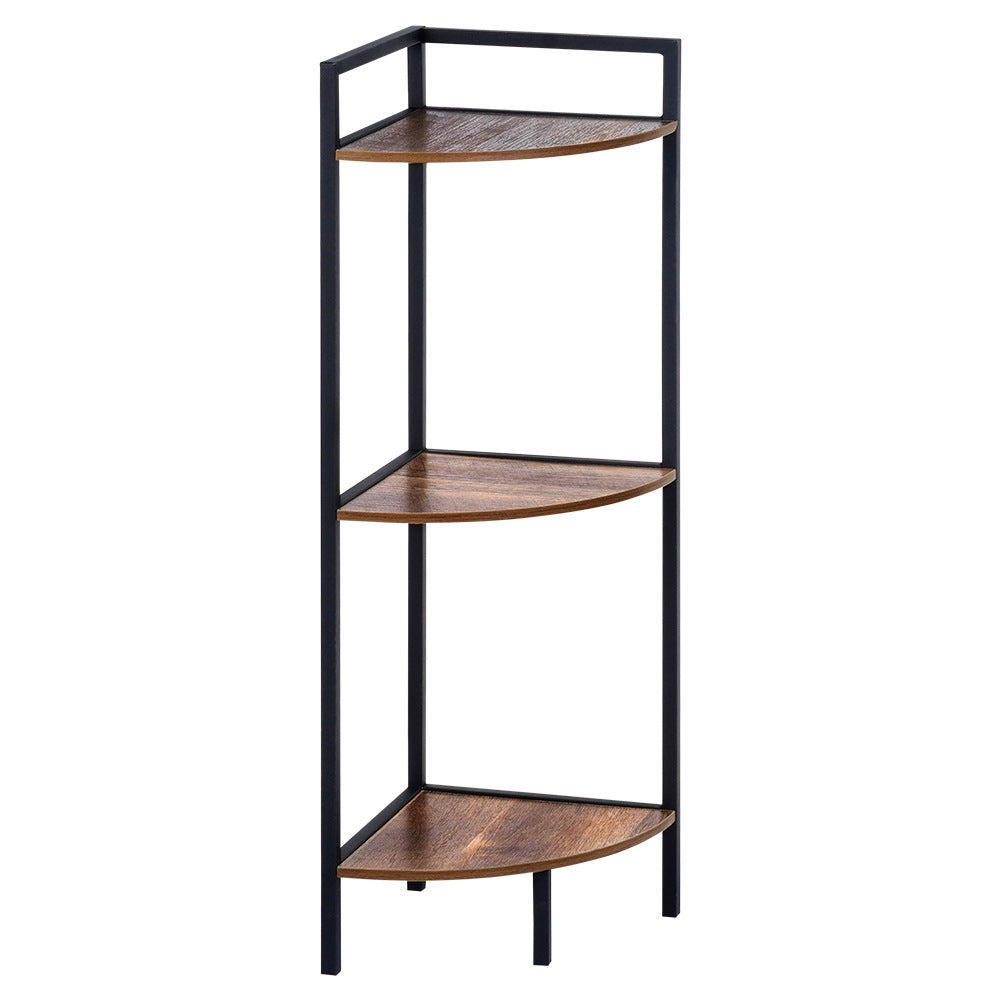 Ein dreistufiges Eckregal mit schwarzem Metallrahmen und Holzregalen. Die Regale sind dreieckig und haben ein Holzmaserungsmuster.