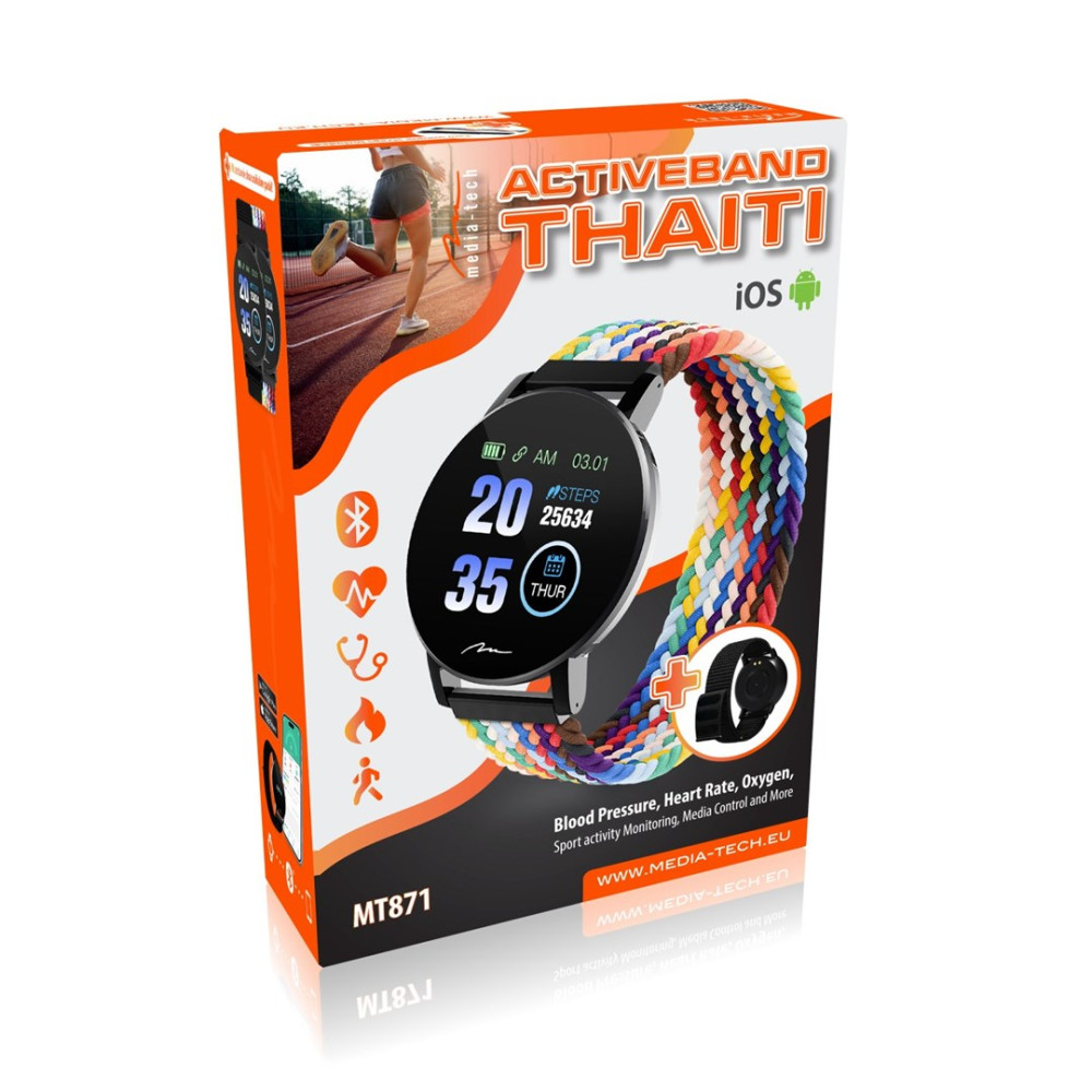 Scatola dell'orologio Activeband Thaiti. L'orologio ha un quadrante nero con cinturino intrecciato colorato. Mostra ora, passi e frequenza cardiaca.