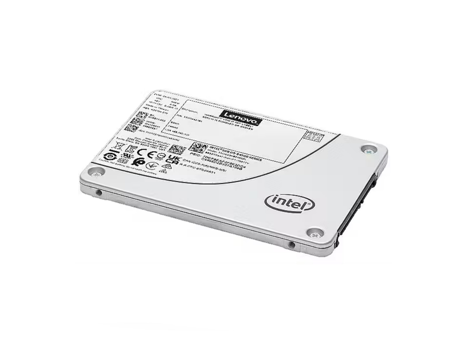 Un'unità SSD Intel a marchio Lenovo. L'unità è argentata con dettagli neri e varie etichette.