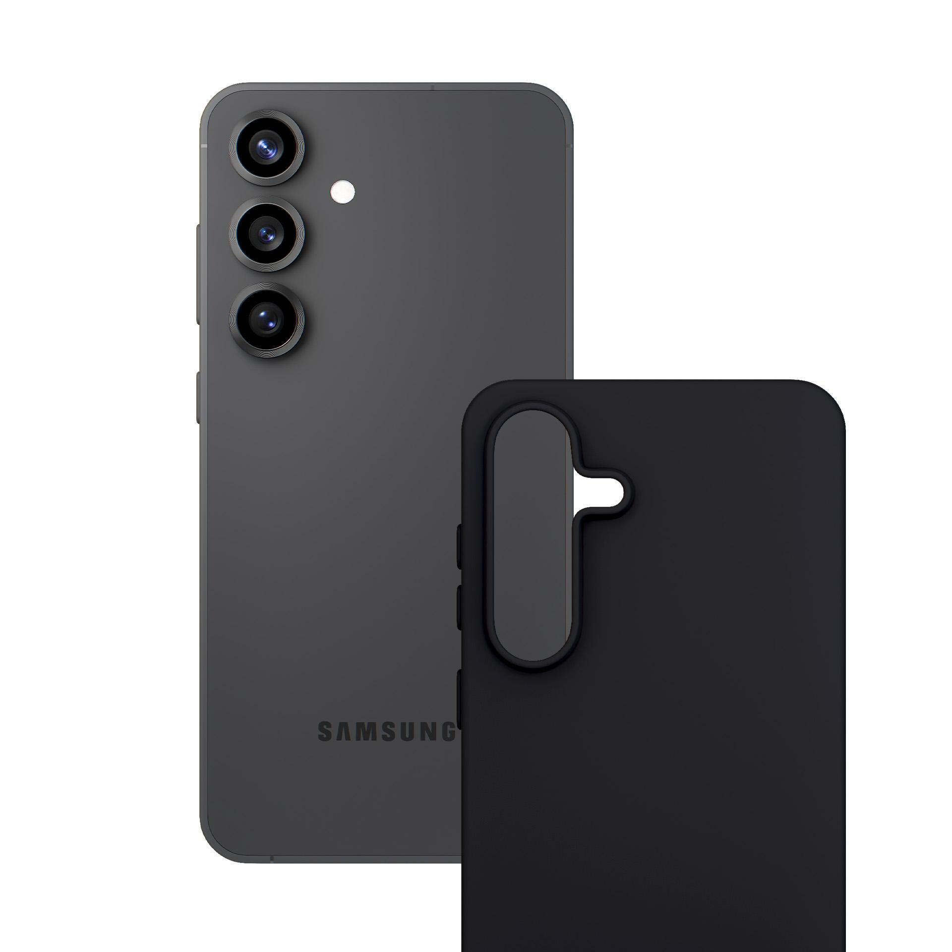 Szary telefon Samsung z trzema aparatami obok czarnego etui. Tło jest białe.