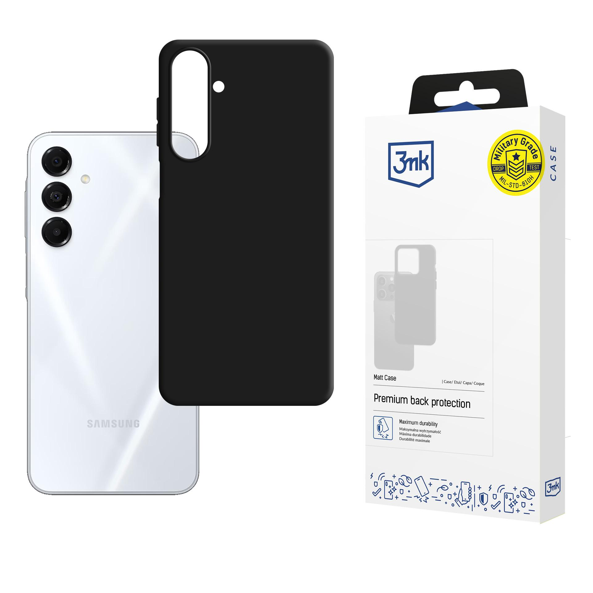 Biały telefon Samsung obok czarnego etui i białego pudełka z logo 3mk.