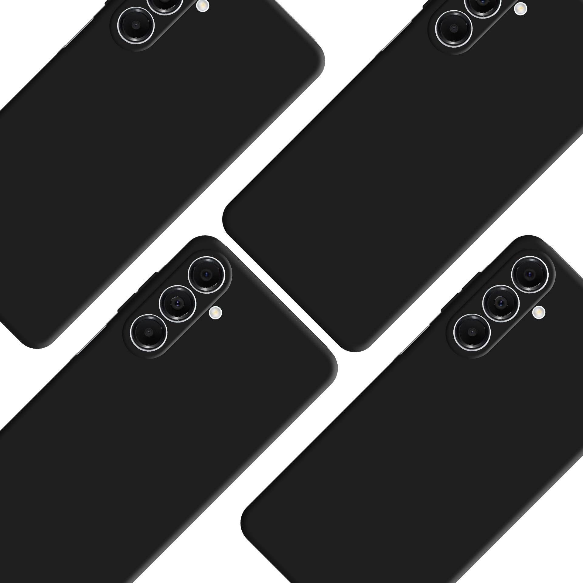 Quattro smartphone neri con moduli fotocamera, disposti diagonalmente su sfondo bianco.
