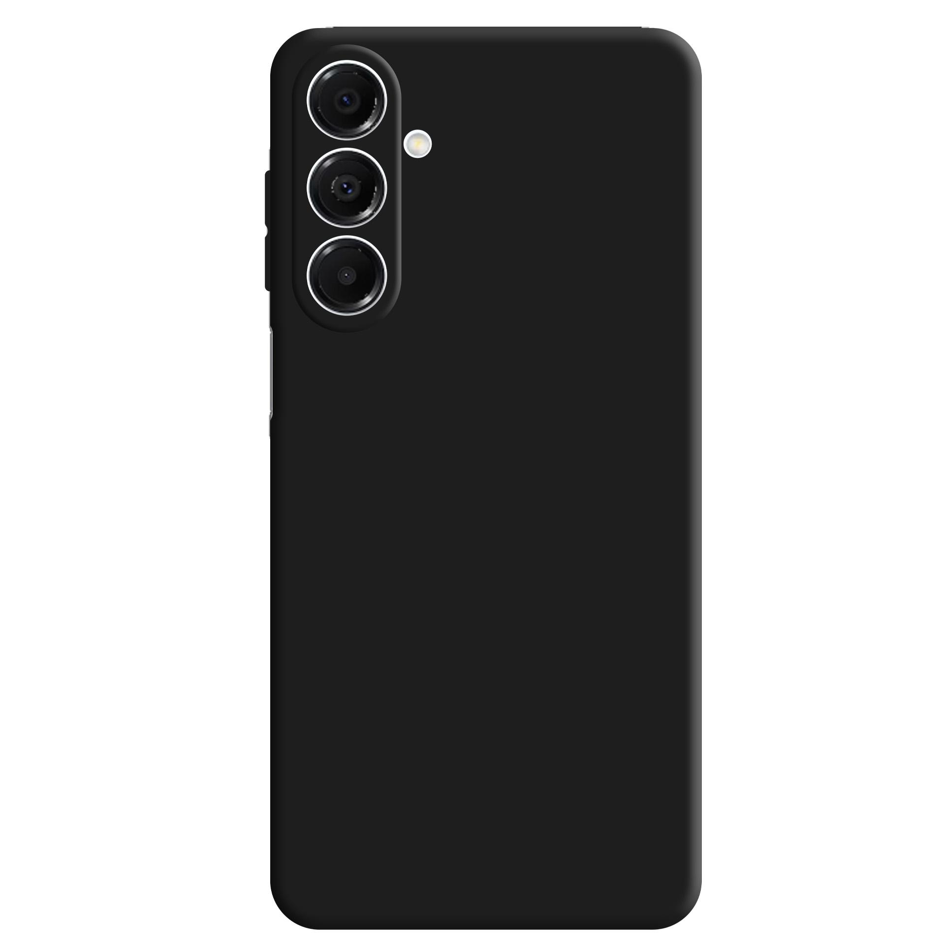 Uno smartphone nero con tre lenti della fotocamera e un flash. Il telefono è su sfondo bianco.