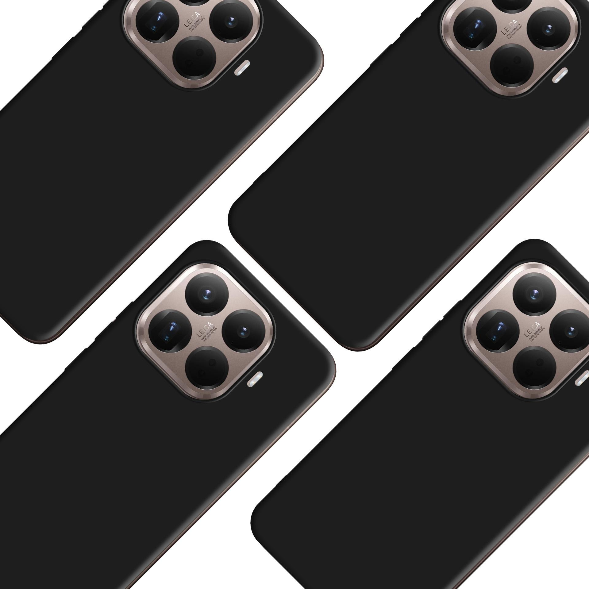 Quattro custodie nere per telefoni con obiettivi, marchio Leica. Disposte diagonalmente su sfondo bianco, primo piano.