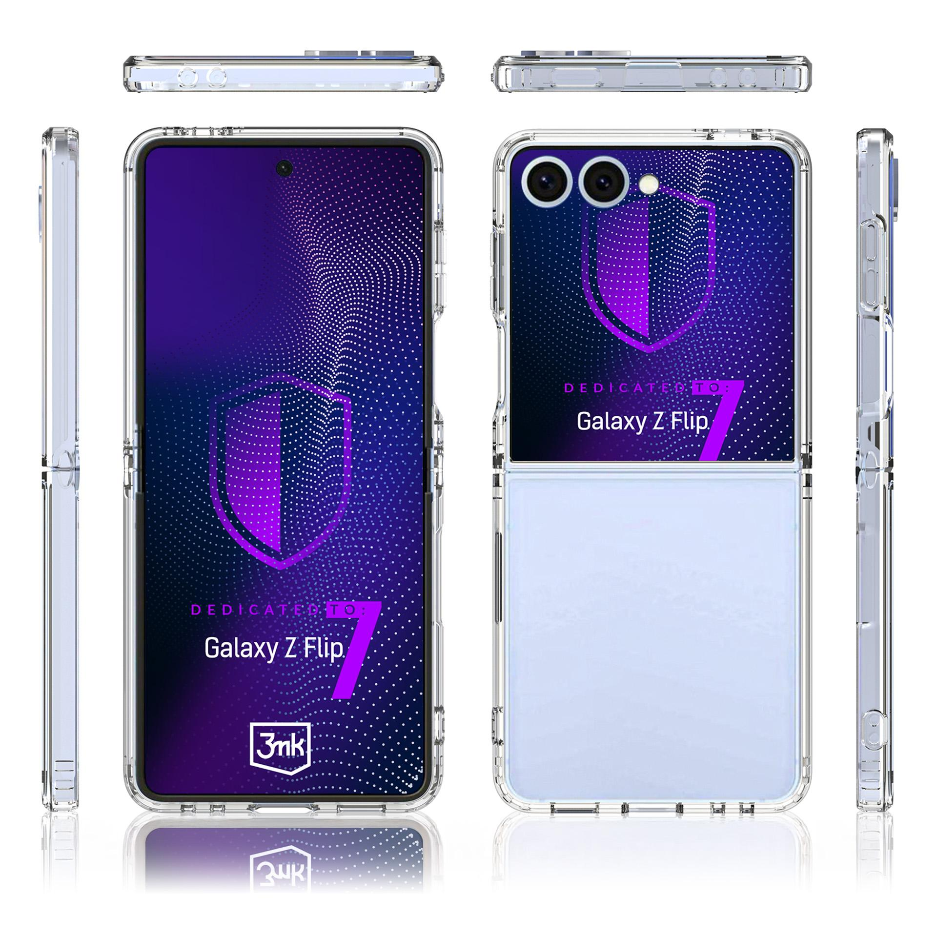 Custodia trasparente per Galaxy Z Flip. La custodia è mostrata da più angolazioni. Lo schermo mostra un design viola.