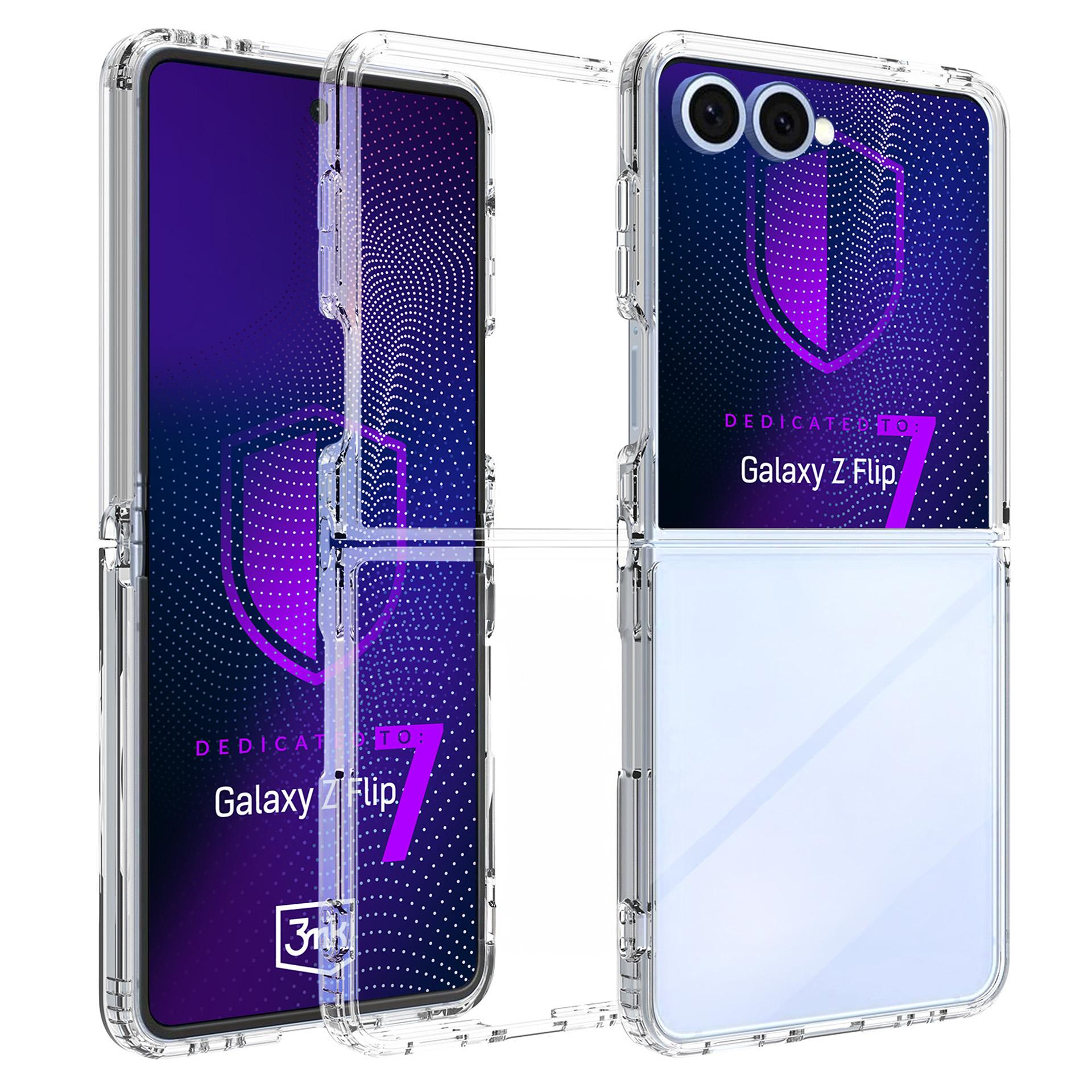 Custodia trasparente per un Galaxy Z Flip. Il telefono è nella custodia. Lo sfondo è viola.