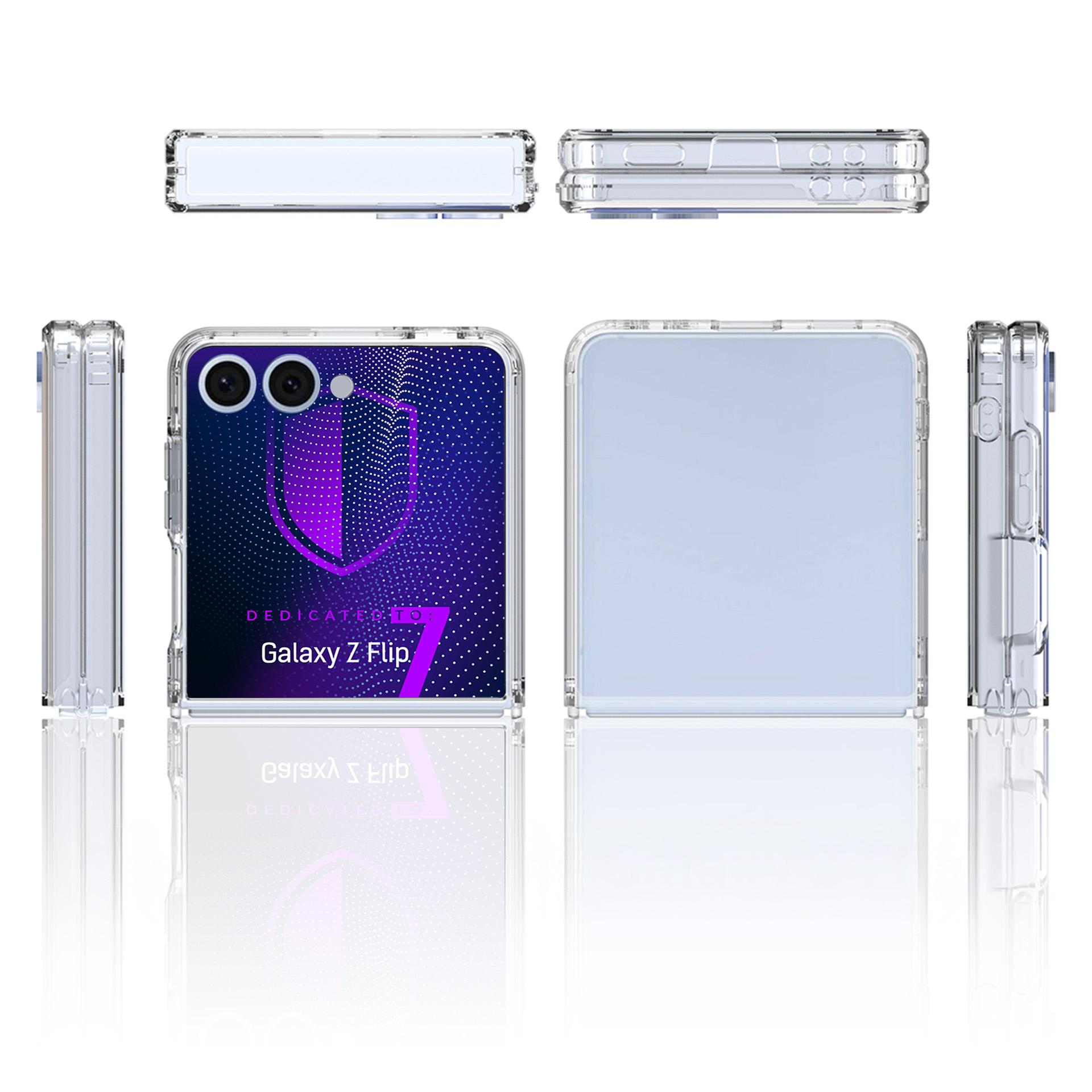 Custodia trasparente per Galaxy Z Flip 7. Include viste dall'alto, laterali e frontali. Design viola e nome del telefono.