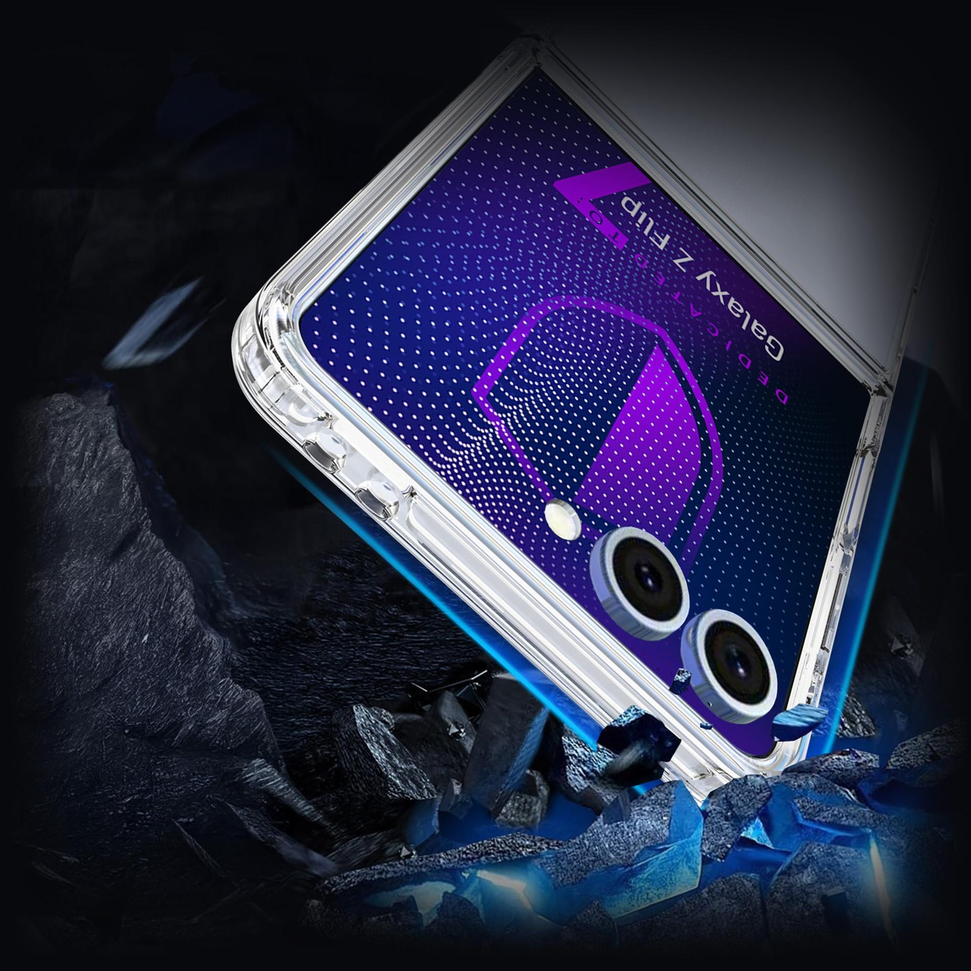 Una custodia per telefono è angolata su una superficie rocciosa. La custodia è trasparente e lo schermo mostra un design viola.