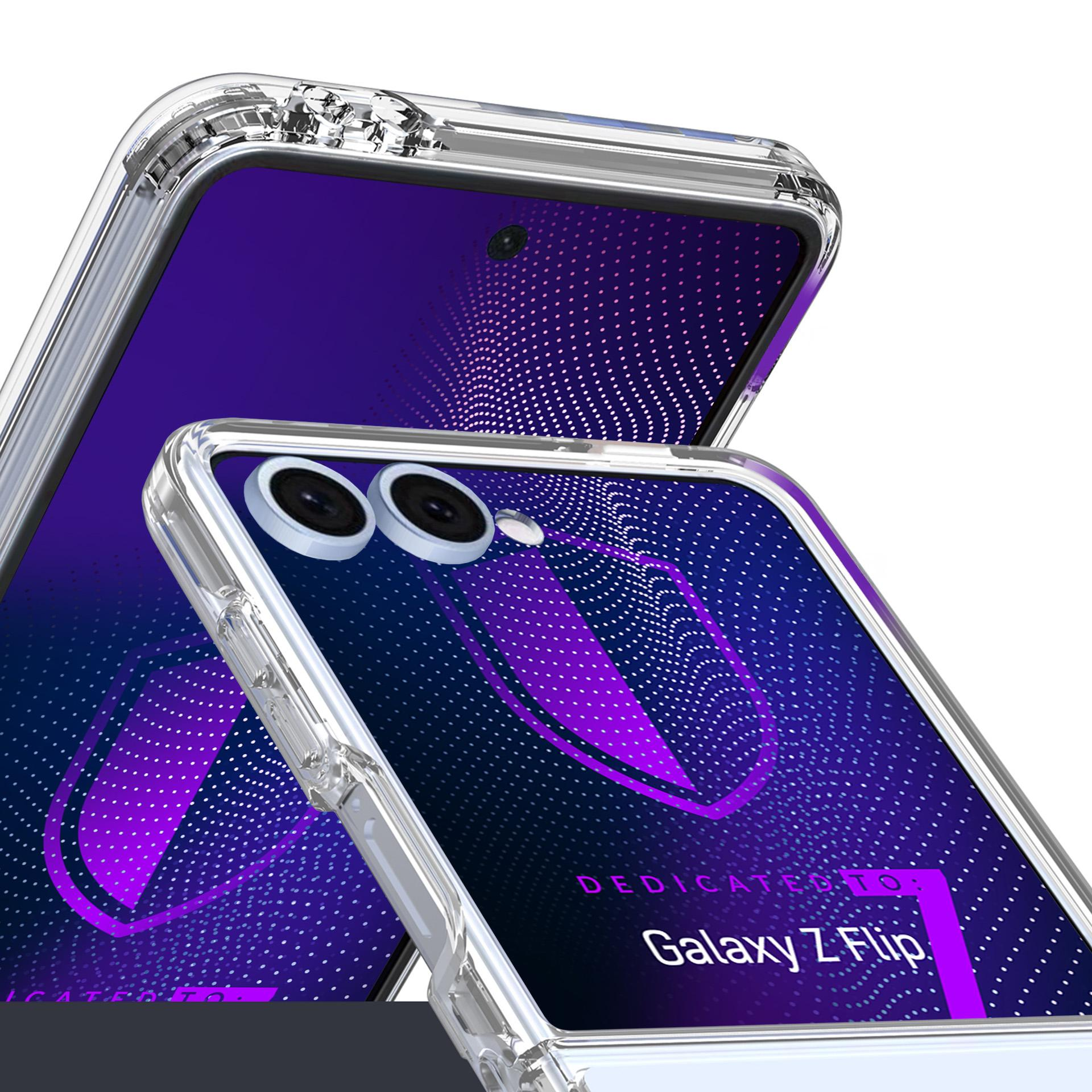 Custodia trasparente su un Samsung Galaxy Z Flip. Schermo viola, motivo a pois bianchi, fotocamera visibile.