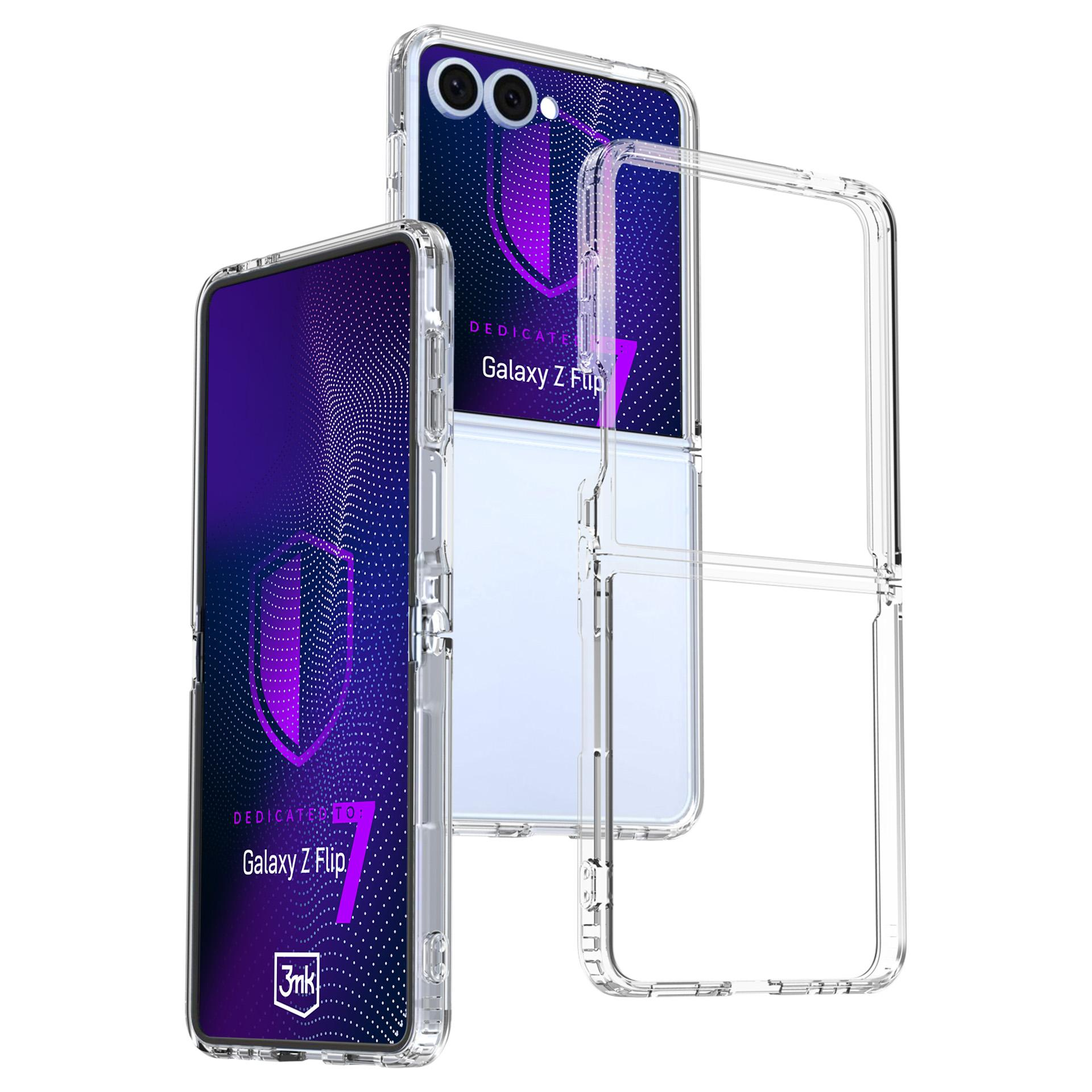 Custodia trasparente per Galaxy Z Flip, con telefono all'interno. Design viola con testo: Galaxy Z Flip, logo 3mk.