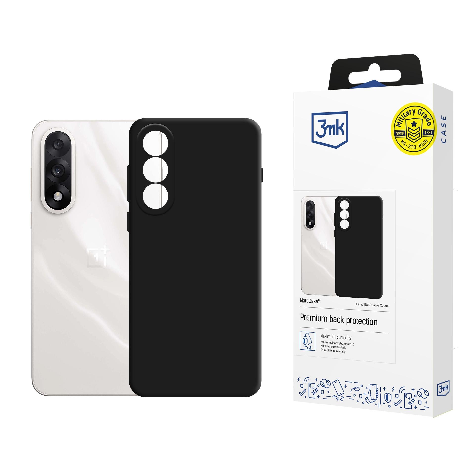 Pudełko na etui na telefon z białym i czarnym telefonem, pudełko ma logo i tekst. Etui jest czarne.
