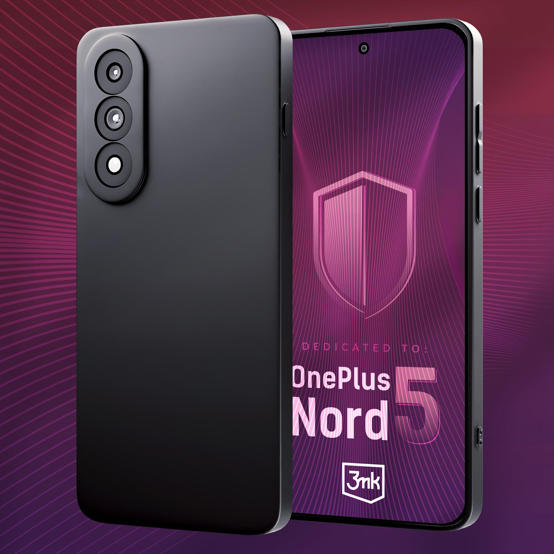 Czarne etui z telefonem wyświetlającym OnePlus Nord 5. Fioletowe tło z logo tarczy.