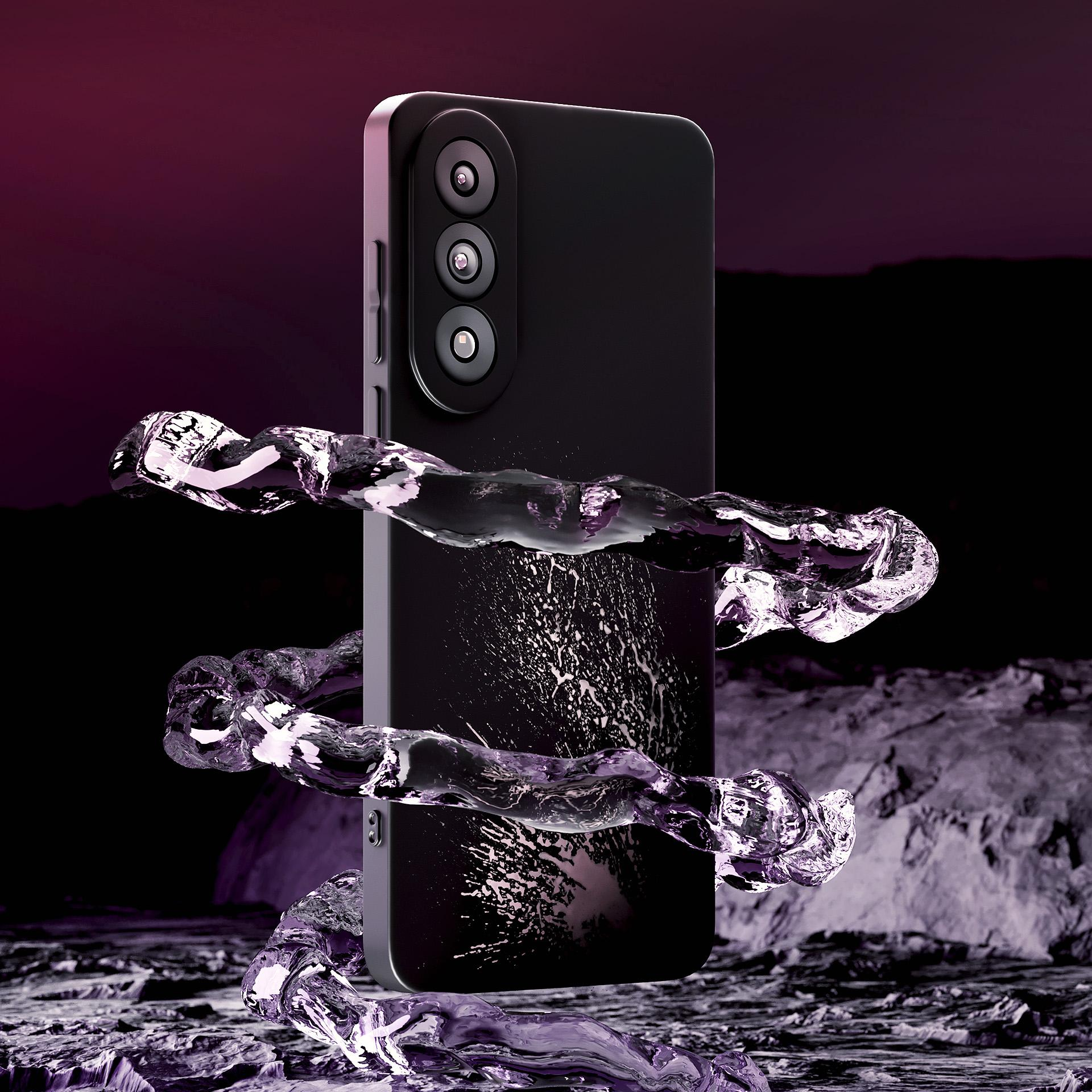 Czarny smartfon z wirami wody na ciemnofioletowym tle. Woda wydaje się owijać telefon.