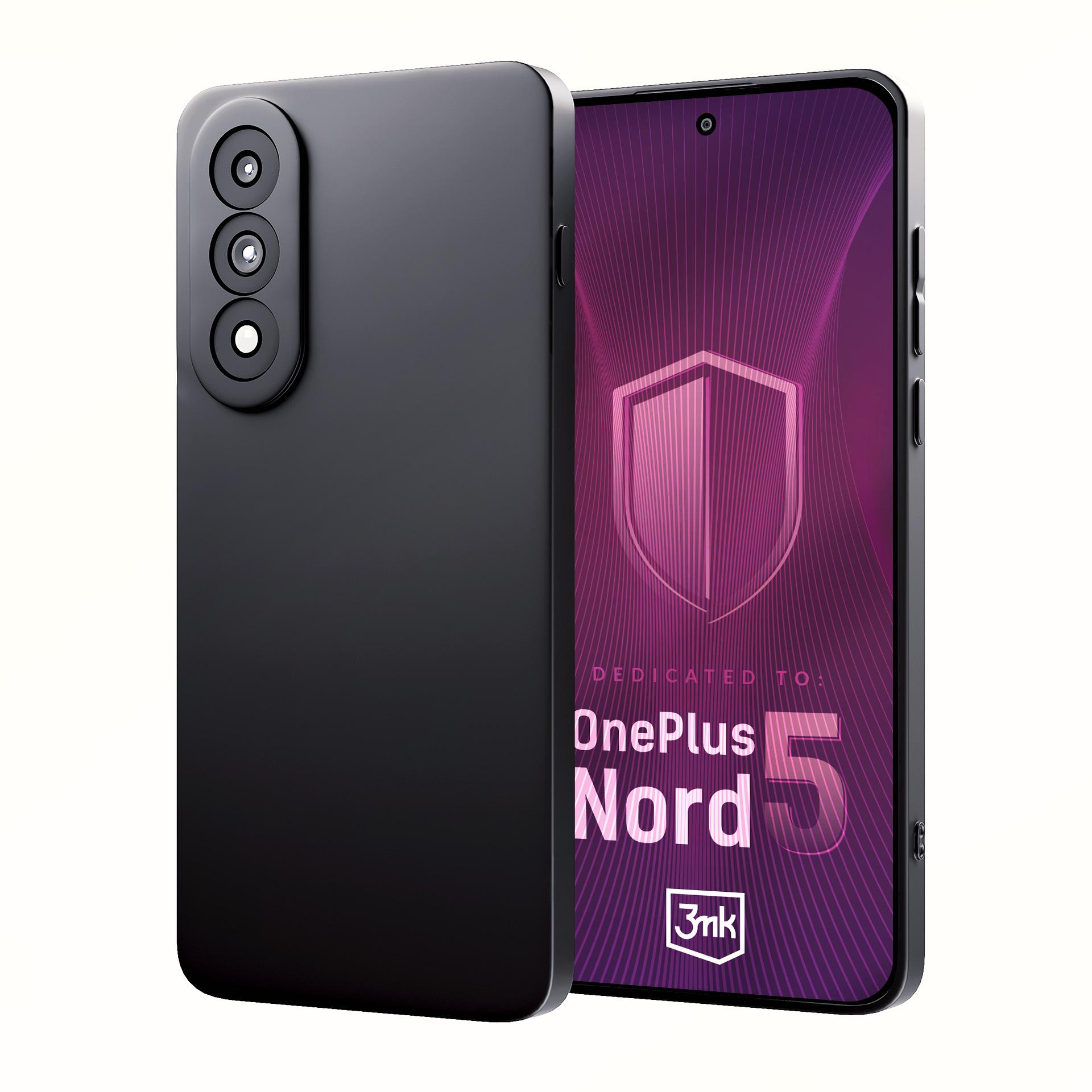 Czarny telefon z obudową, trzema obiektywami i ekranem z fioletową tarczą z napisem: OnePlus Nord 5.