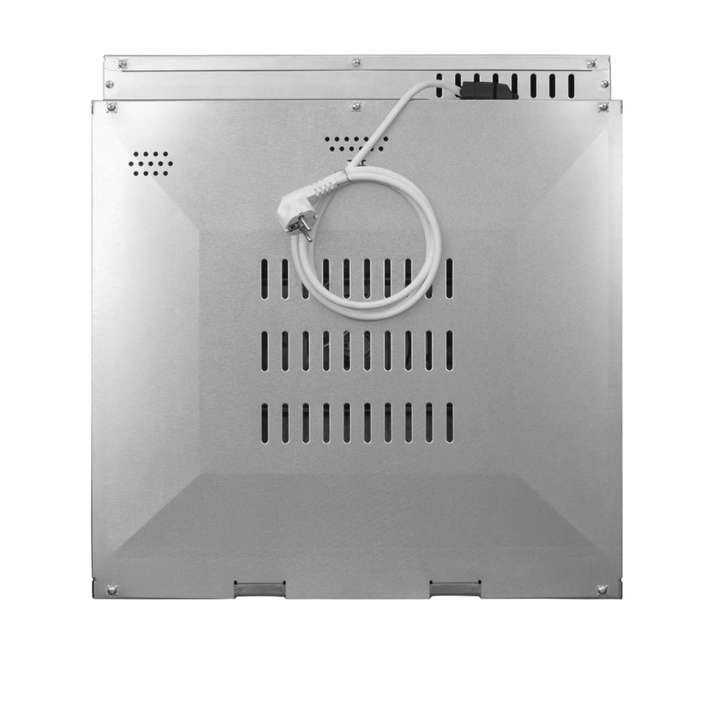 Tył metalowego piekarnika. Ma przewód zasilający, szczeliny wentylacyjne i wtyczkę. Powierzchnia jest srebrna.