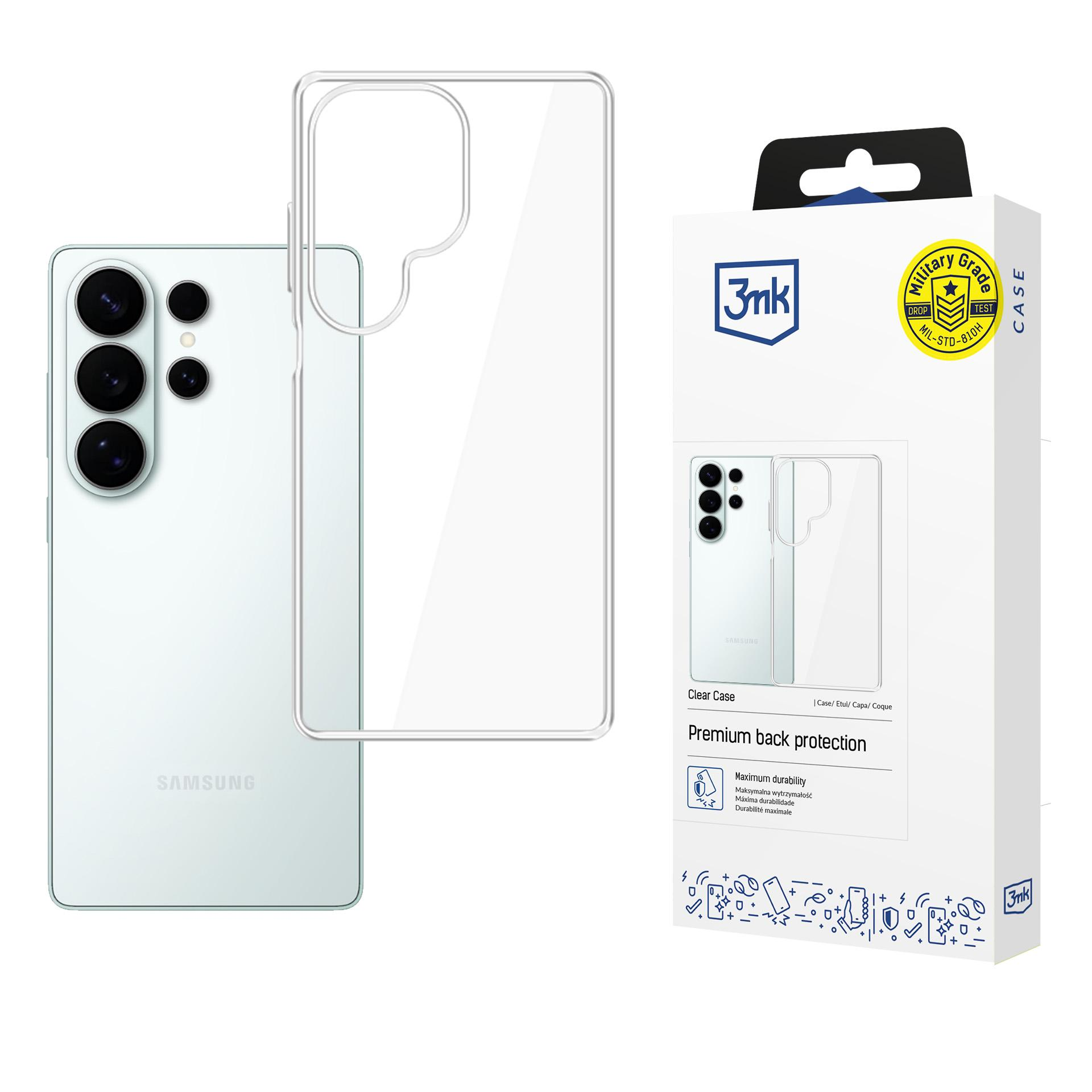 Wyświetlany jest telefon i przezroczyste etui. Etui znajduje się na białym pudełku z logo '3mk' i tekstem.