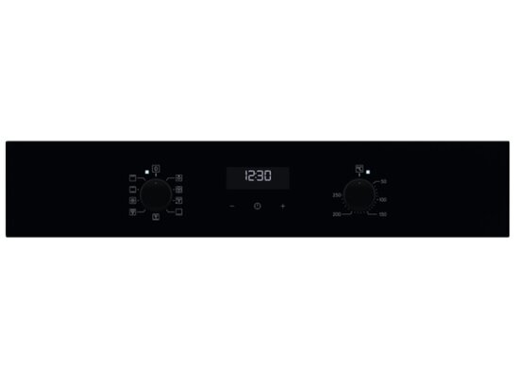 Czarny panel sterowania piekarnika z dwoma pokrętłami, cyfrowym zegarem wyświetlającym 12:30 oraz różnymi symbolami i przyciskami.