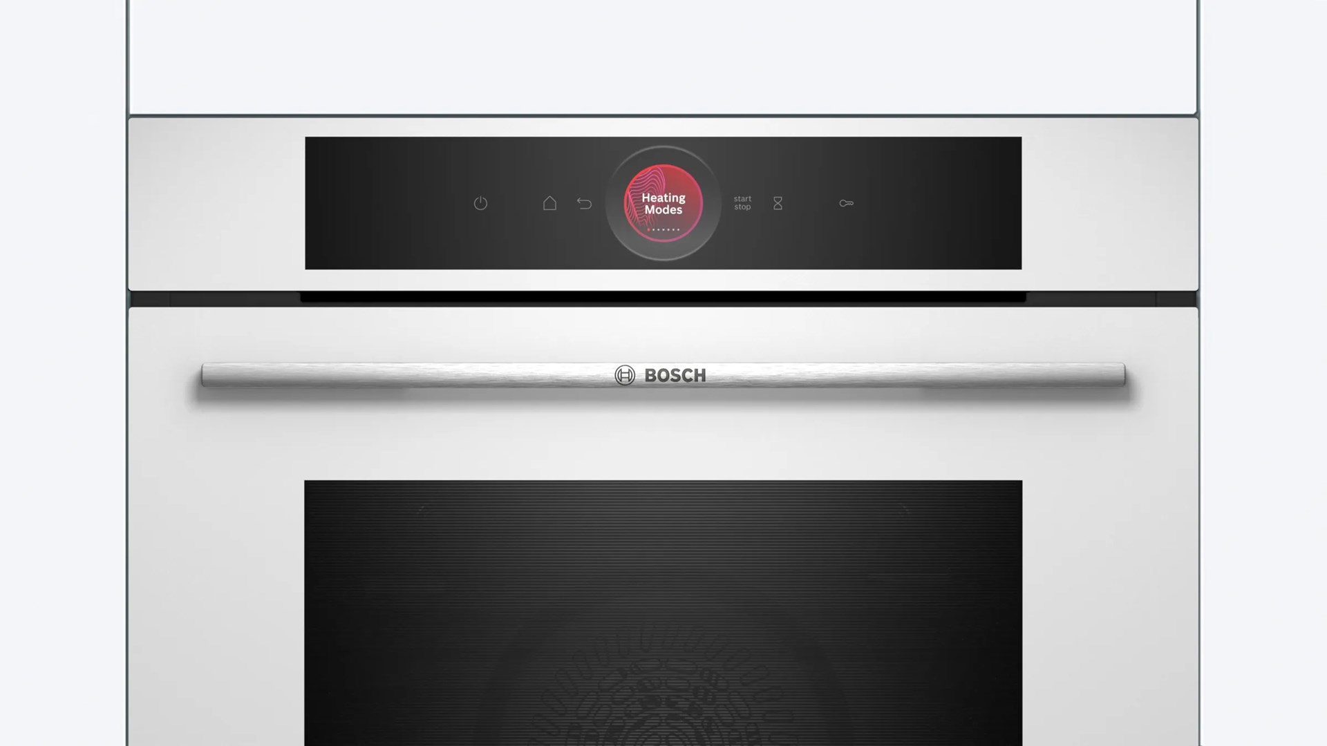 Biały piekarnik Bosch z czarnym panelem sterowania. Posiada ekran dotykowy do trybów grzania i srebrny uchwyt.