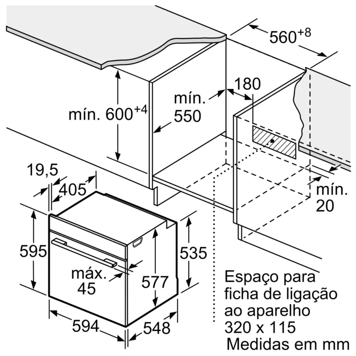 Schemat piekarnika z wymiarami w milimetrach. Pokazuje przestrzeń montażową, wymiary i szczegóły połączeń.