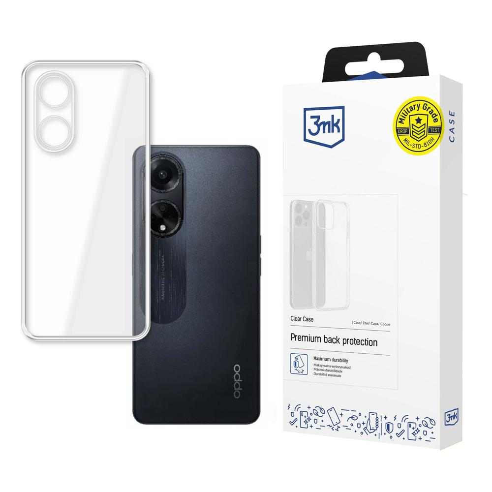 Czarny telefon Oppo z przezroczystym etui obok białego pudełka z napisem '3mk' i 'Military Grade Case'.