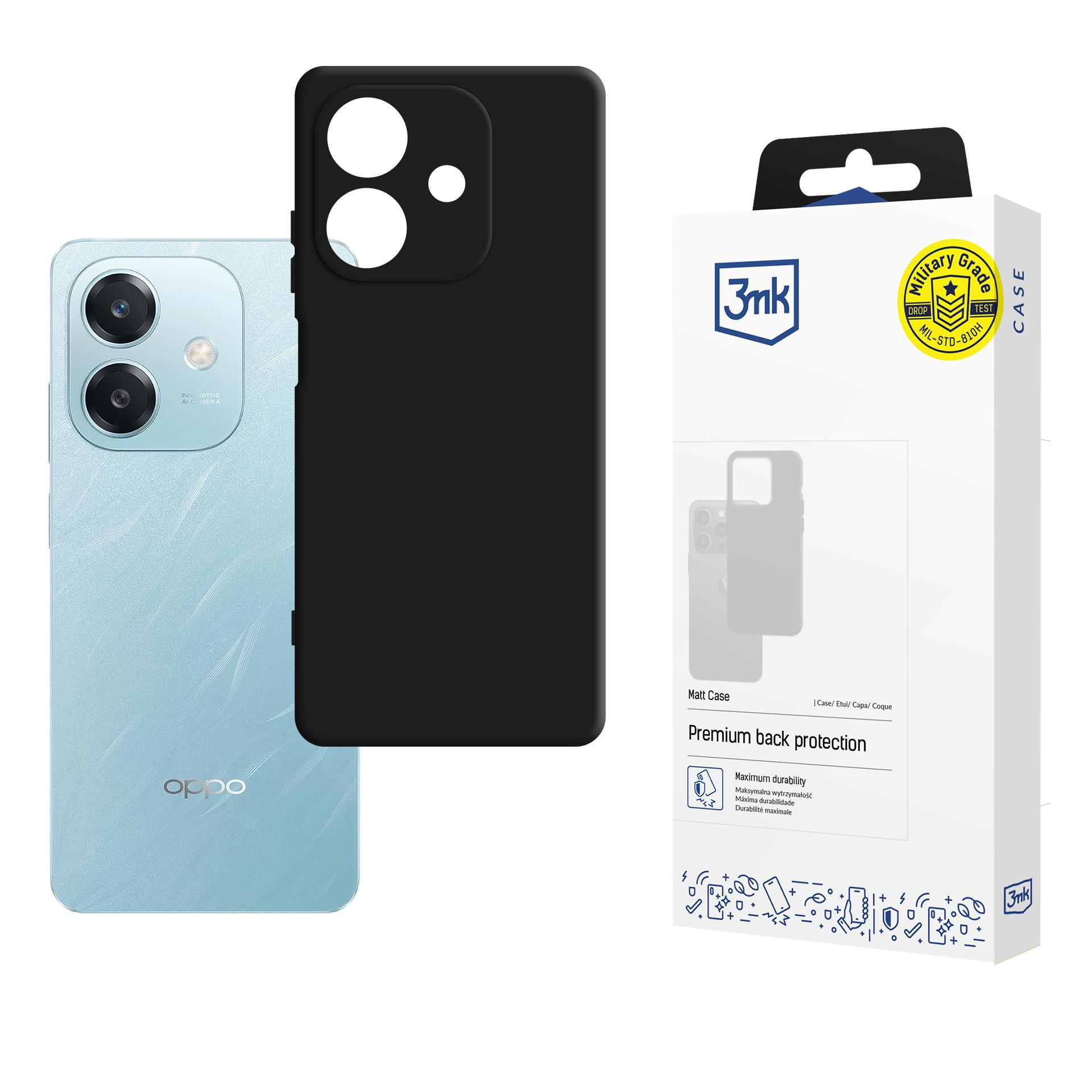 Telefon i czarne etui do telefonu są wyświetlane na białym tle. Etui jest od 3mk.