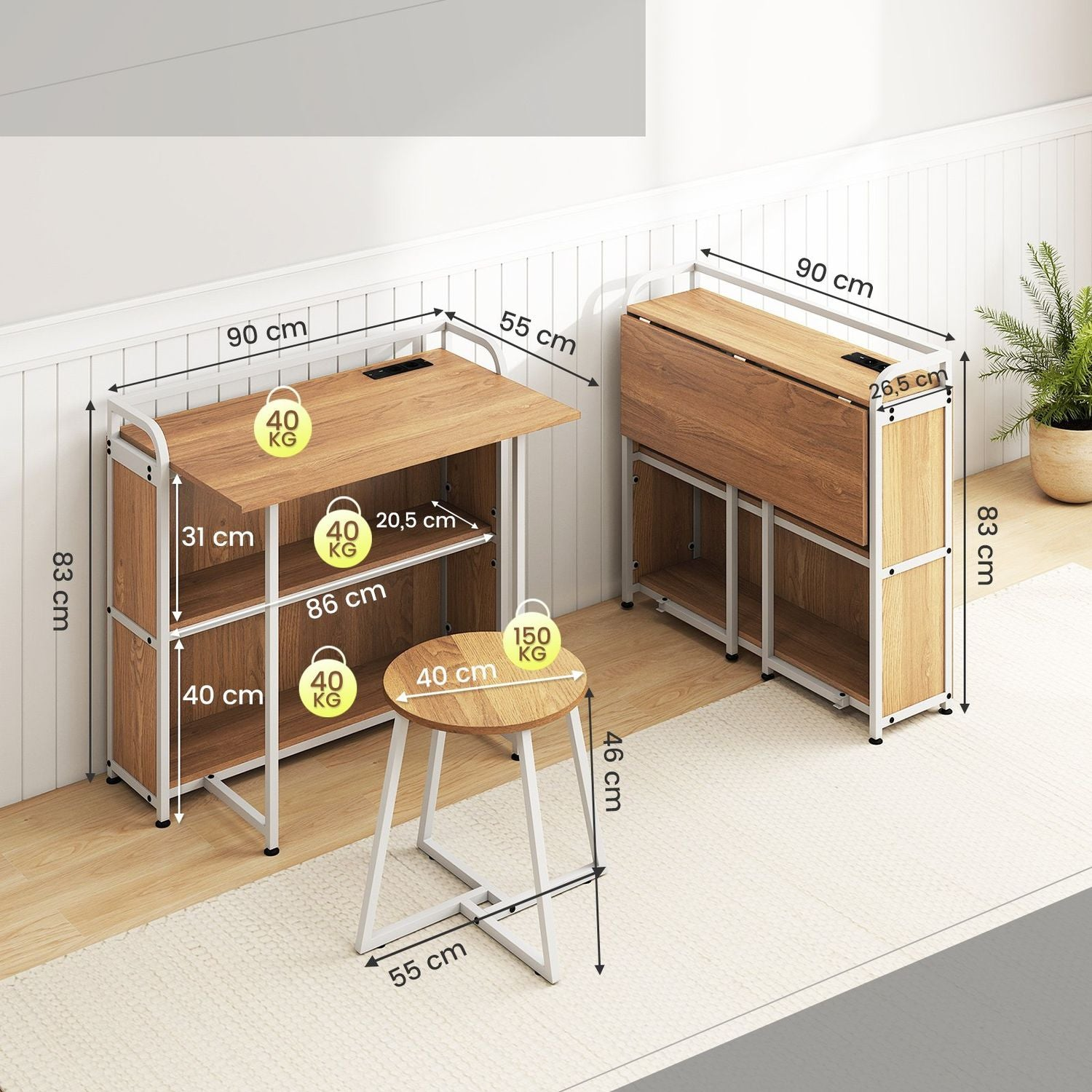 Se muestra una mesa plegable y un taburete. Se indican las dimensiones. Una planta en maceta está al fondo. La escena es interior.