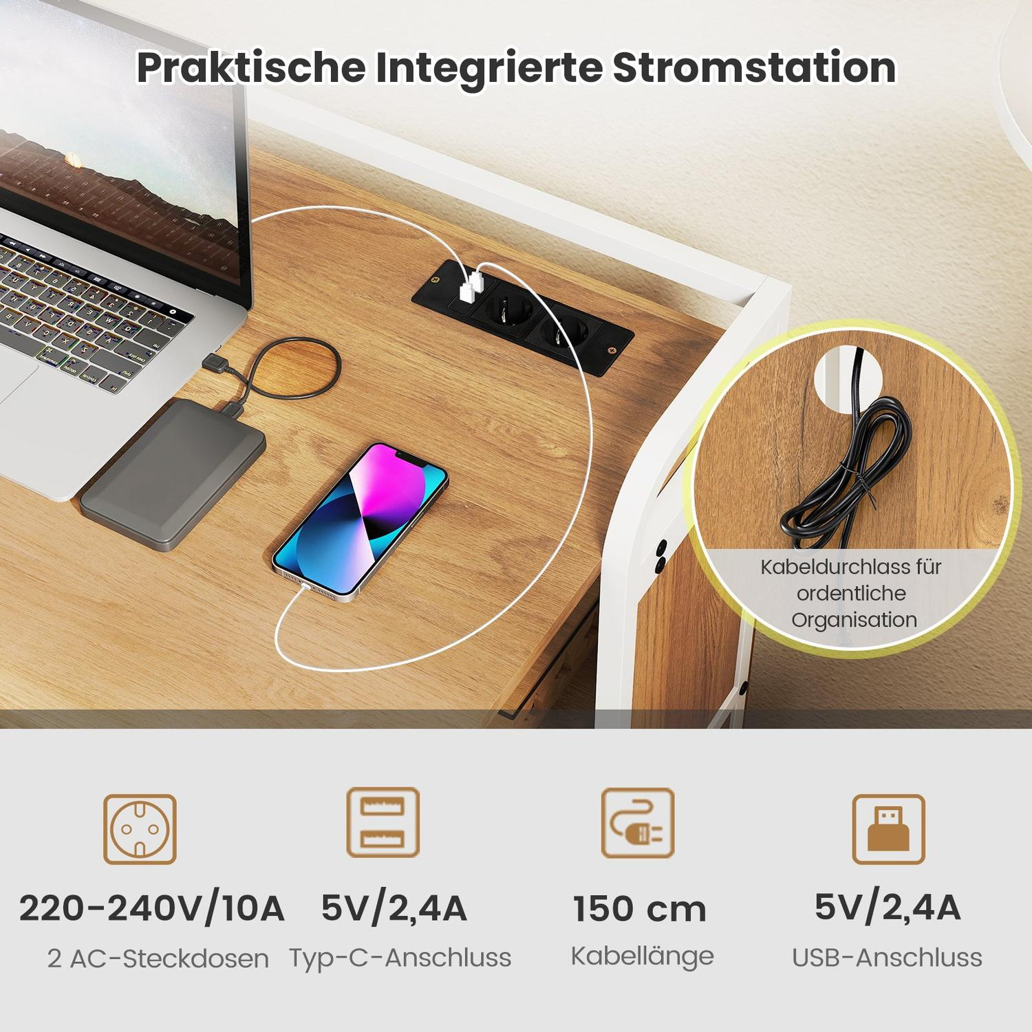 Un escritorio con portátil, teléfono y enchufes. El texto indica capacidades de energía y características de gestión de cables.