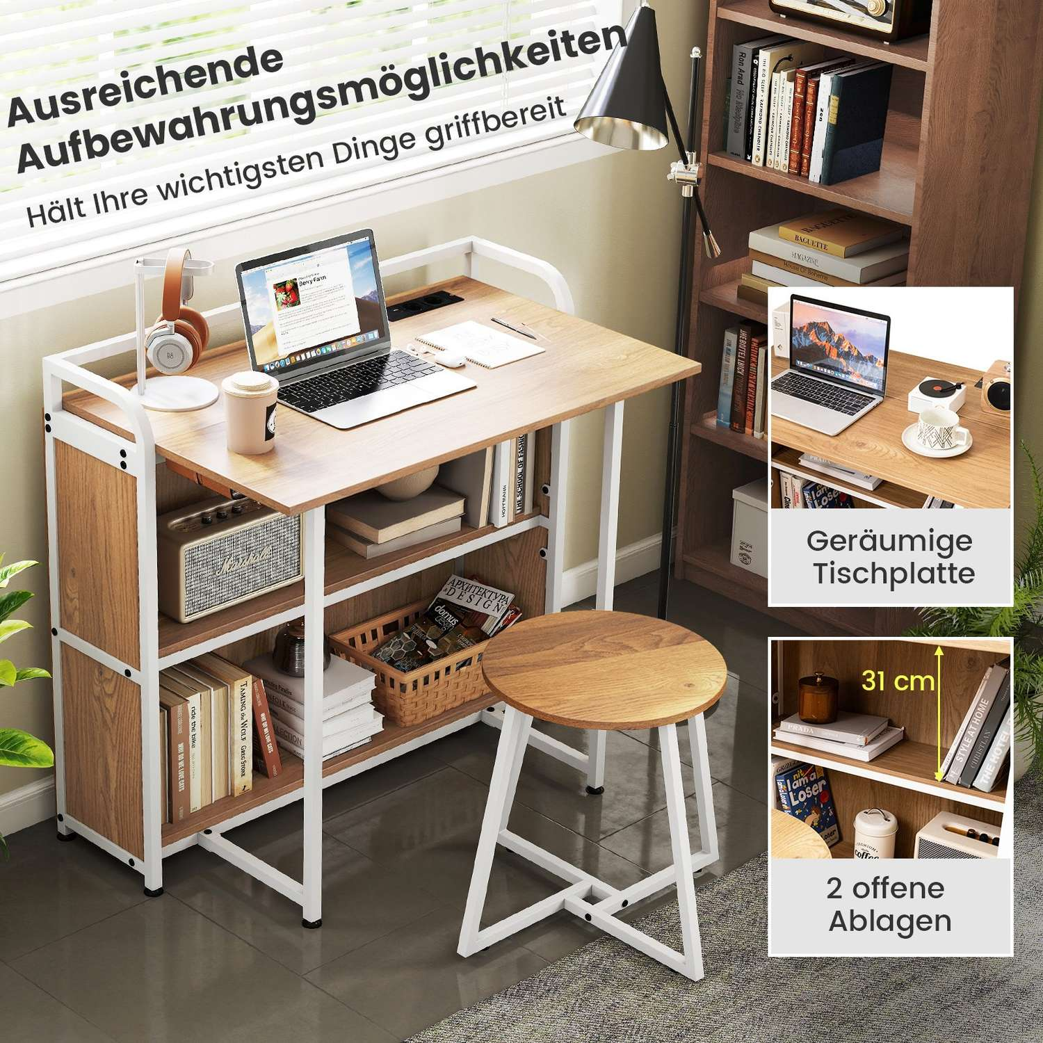 Un escritorio con una laptop, auriculares y un taburete. Estanterías de fondo. Taza de café y otros objetos sobre el escritorio.