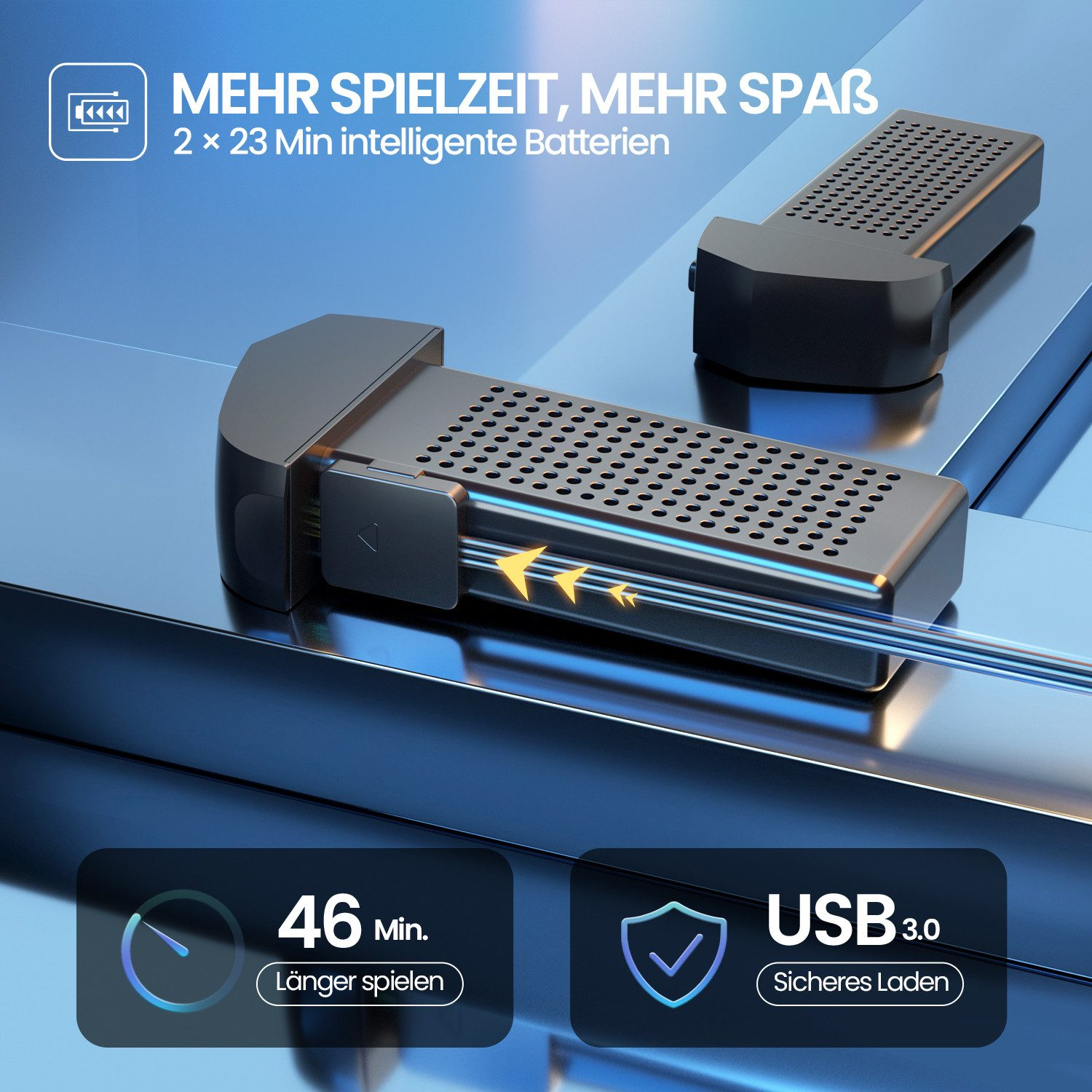 Das Bild zeigt zwei schwarze Batterien mit dem Text: Mehr Spielzeit, Mehr Spaß. Außerdem 46 Min. und USB 3.0 Icons.