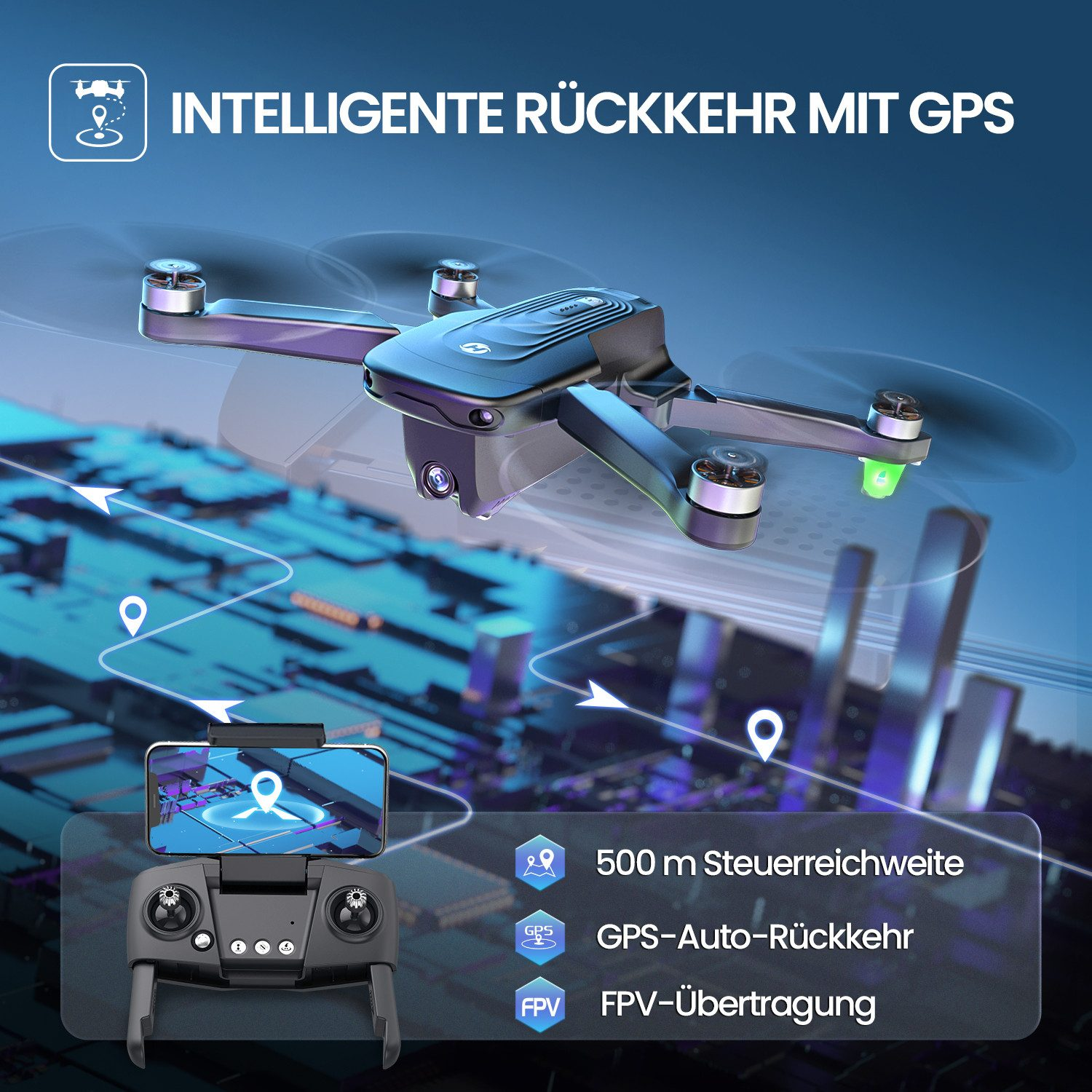 Eine Drohne mit GPS, zusammen mit einer Fernbedienung und einem Handy. Die Drohne ist schwarz und blau mit vier Propellern.