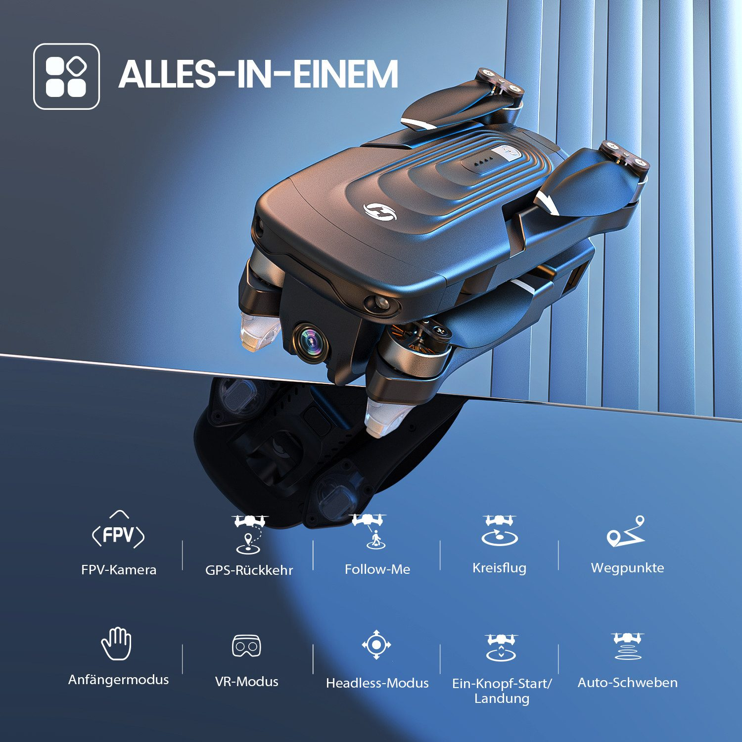 Eine dunkle Drohne mit sichtbaren Propellern wird angezeigt. Sie hat Funktionen wie FPV-Kamera, GPS-Rückkehr und Follow-Me-Modus.