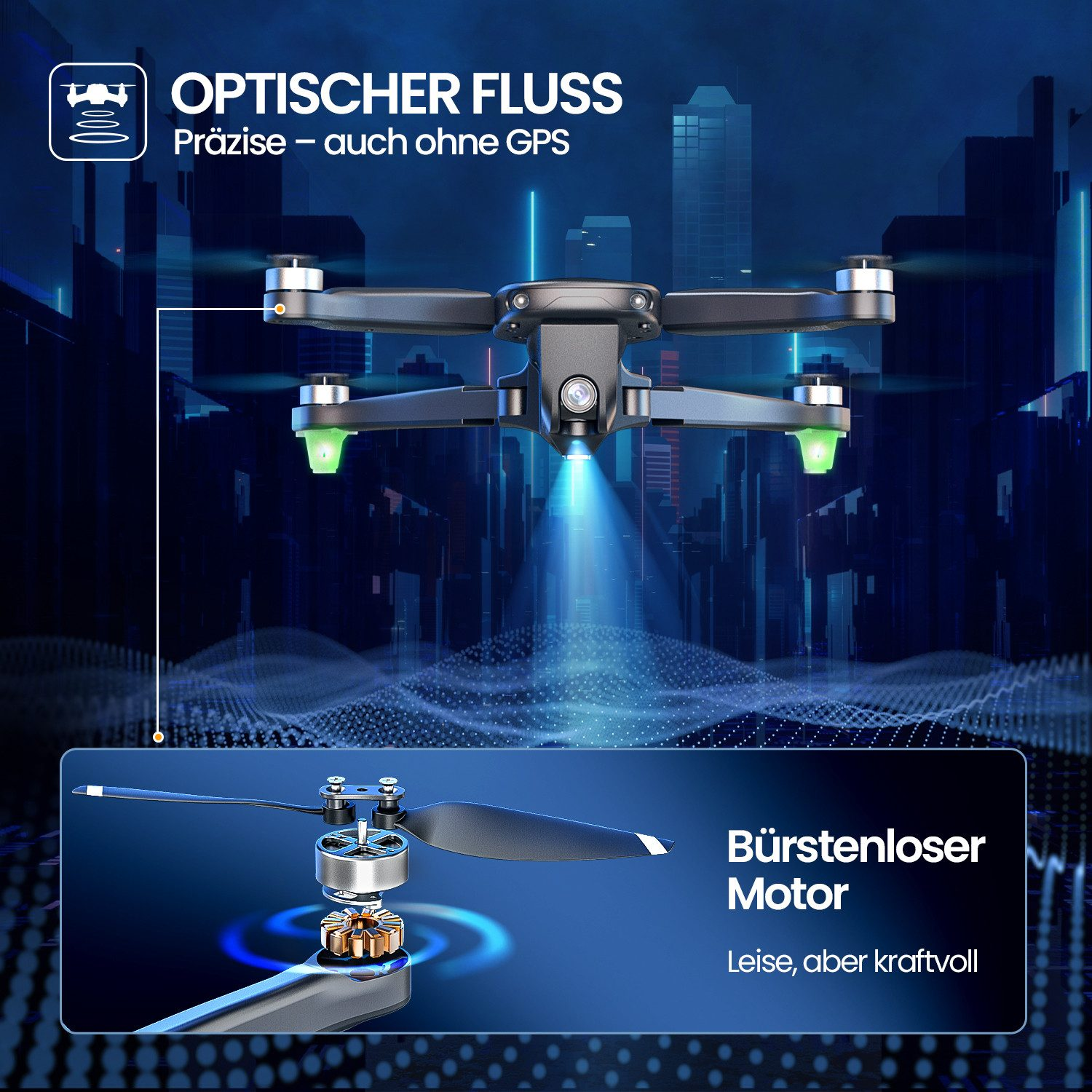 Eine Drohne schwebt, mit einer Nahaufnahme eines bürstenlosen Motors. Text auf Deutsch: 'Optischer Fluss' und 'Bürstenloser Motor'.