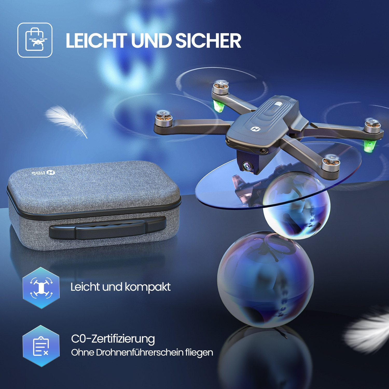 Eine Drohne und eine Tragetasche sind abgebildet. Die Drohne ist grau und schwarz mit grünen Lichtern. Die Tasche ist grau mit schwarzem Griff.