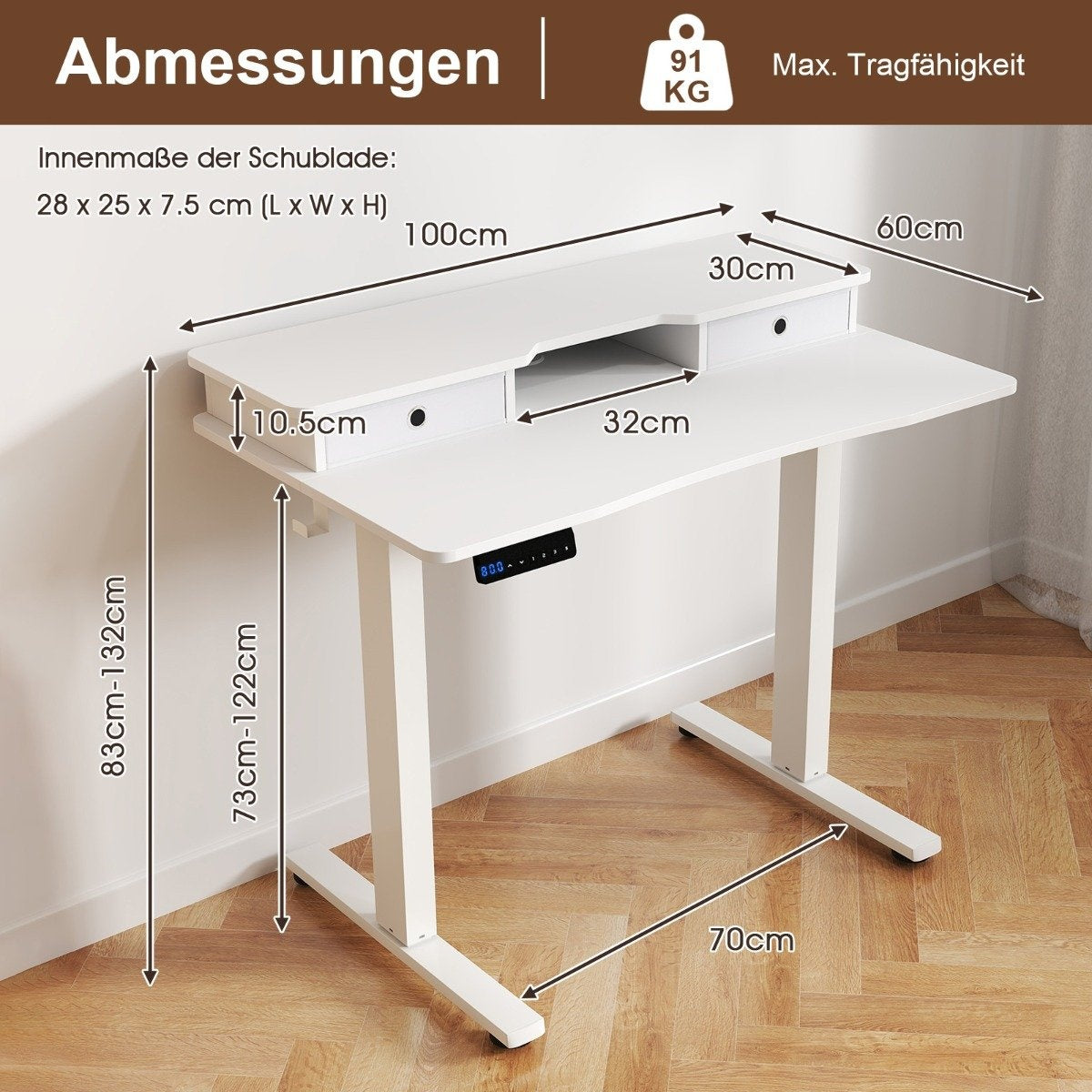 Un escritorio blanco ajustable con dimensiones etiquetadas. Cuenta con cajones, controles digitales y una capacidad máxima de 91 KG.