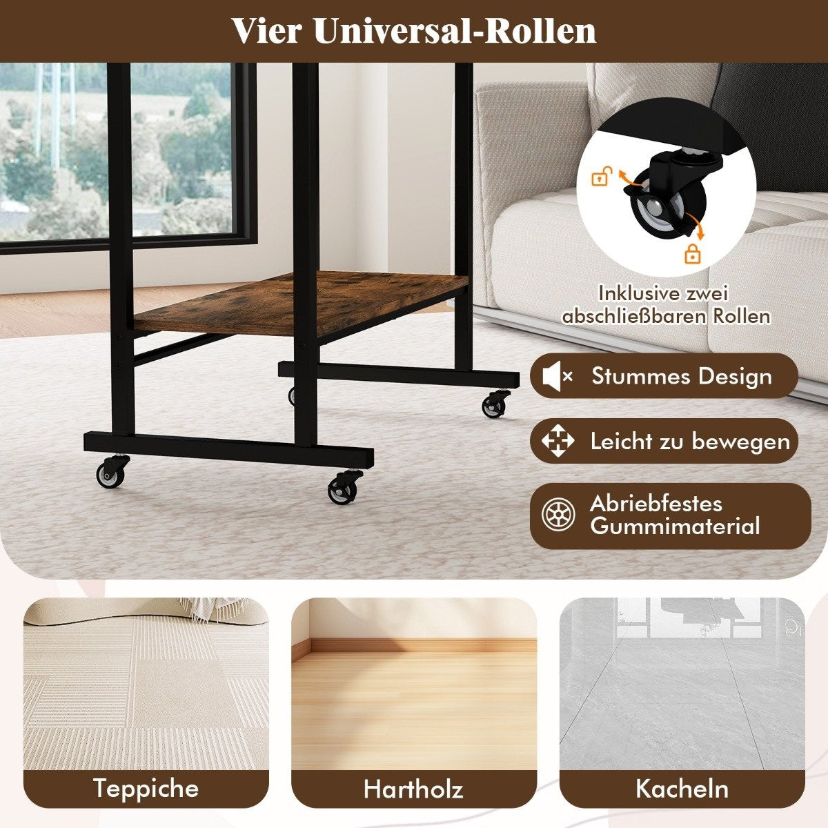 Una mesa rodante con marco negro y estante de madera. Incluye ruedas bloqueables, diseño silencioso y material de goma.
