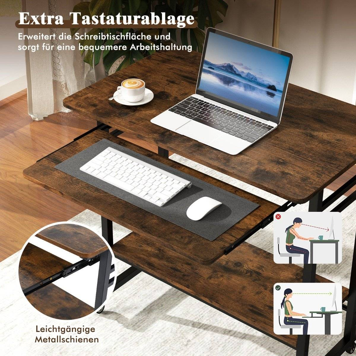 Un escritorio con portátil, teclado, ratón y taza de café. El escritorio tiene una bandeja extraíble para el teclado. Los diagramas muestran la postura correcta.