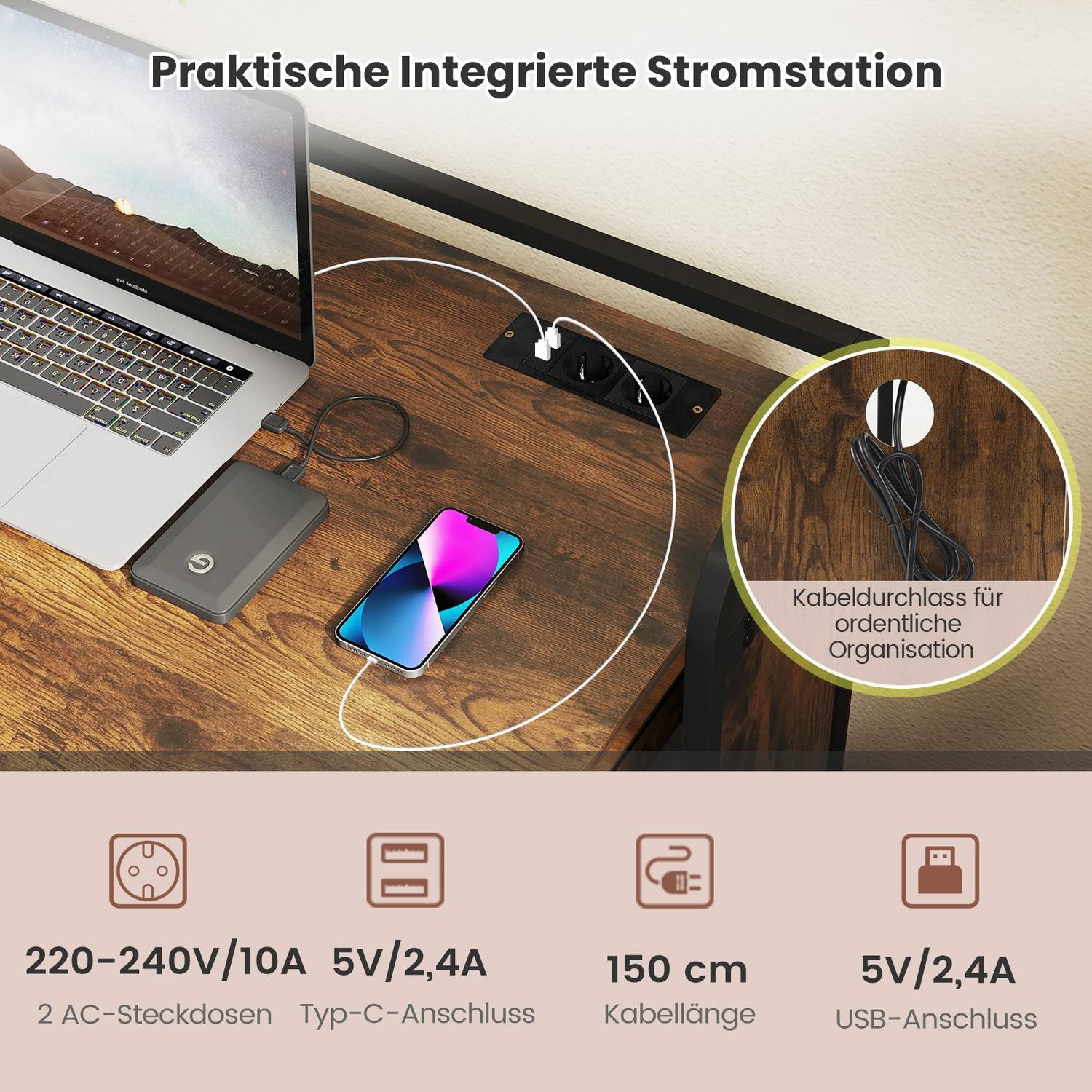 Un escritorio con portátil, teléfono y disco duro. Tiene una estación de energía integrada con enchufes y puertos USB.