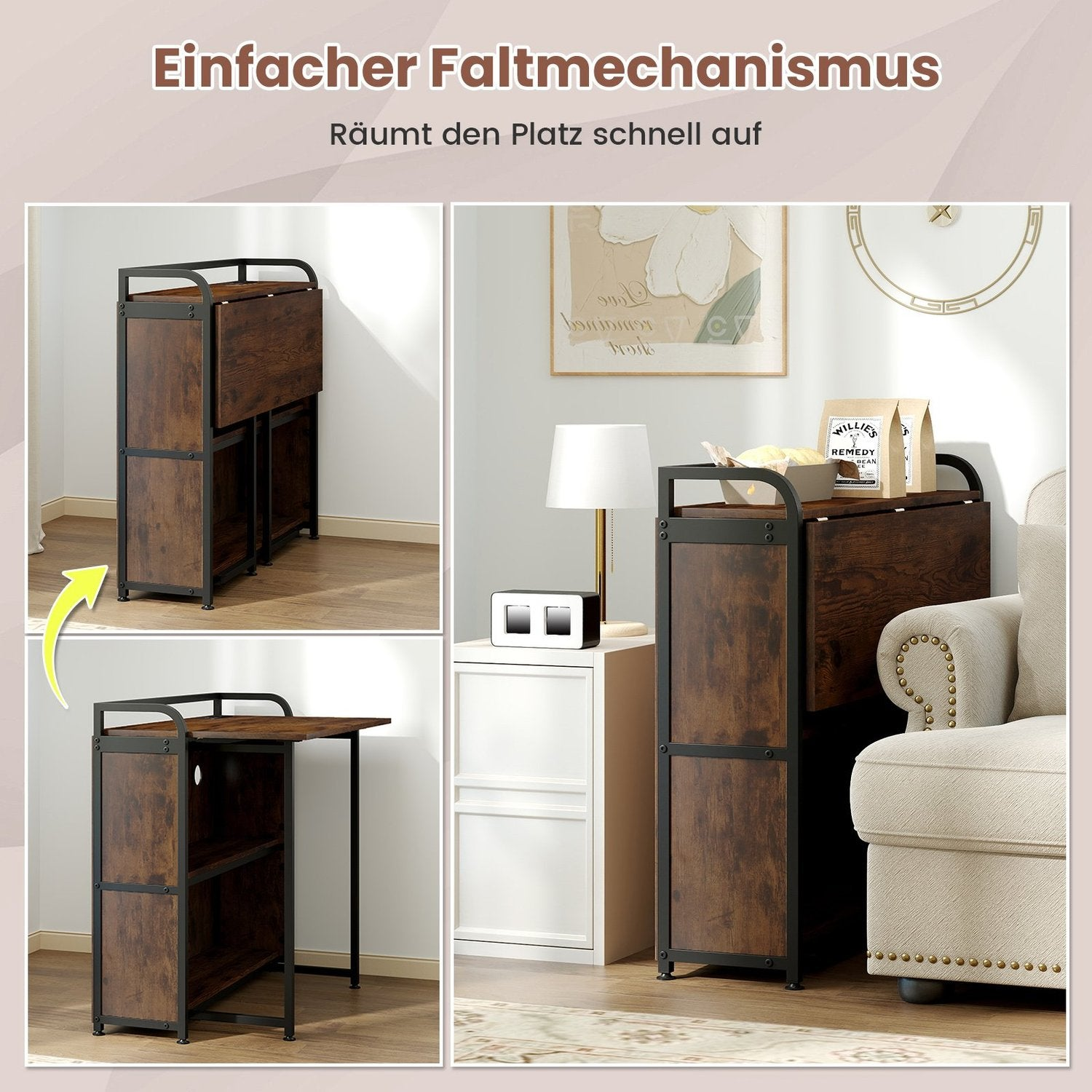 Una mesa plegable en tres vistas. Tiene una parte superior y laterales de madera con soportes de metal negro. Está en una habitación con muebles.